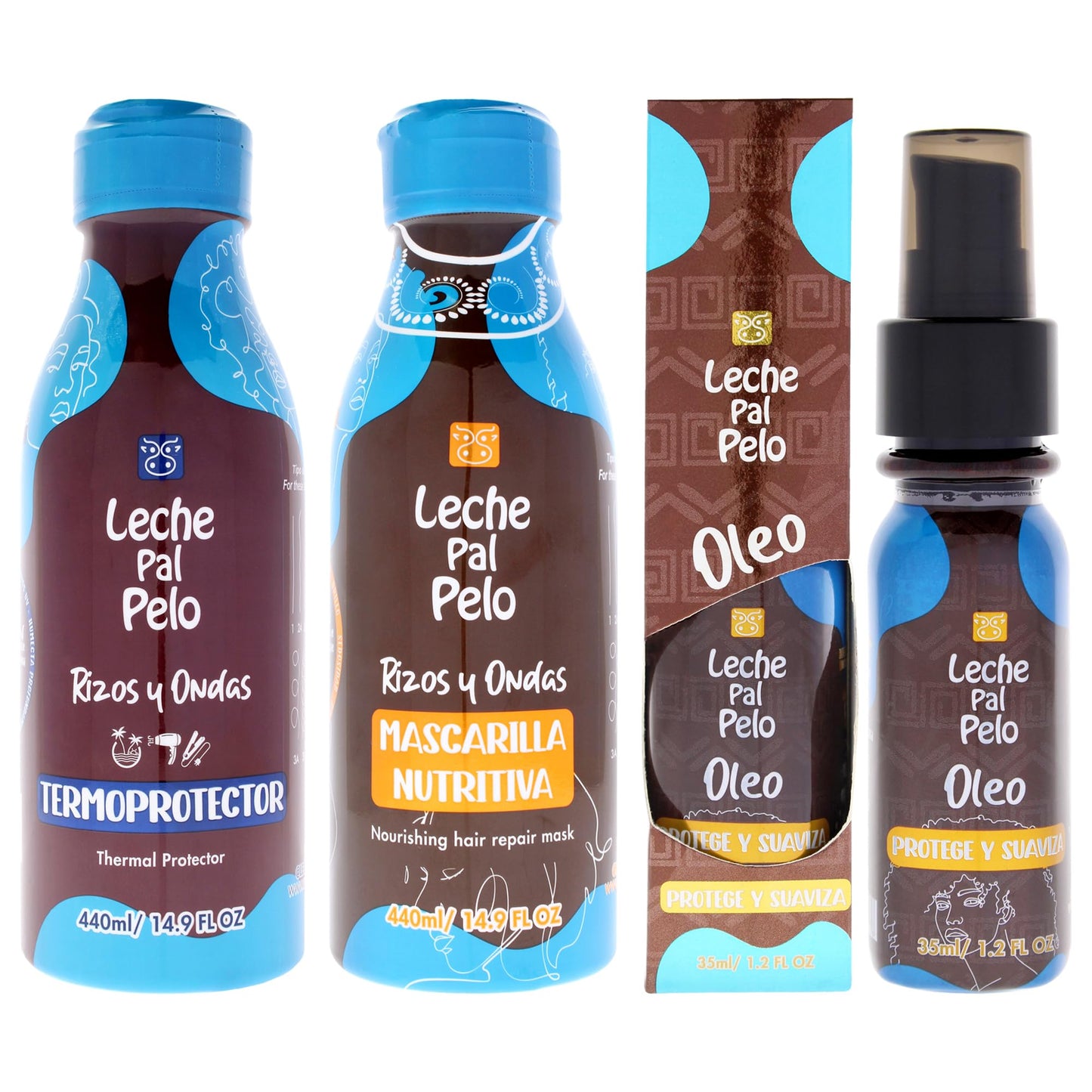 Leche Pal Pelo Curly and Wavy Kit for Women - 3 Pc Kit 14.9oz Thermal Protector, 14.9oz Nourishing Hair Repair Mask, 1.2oz Oleo Oil