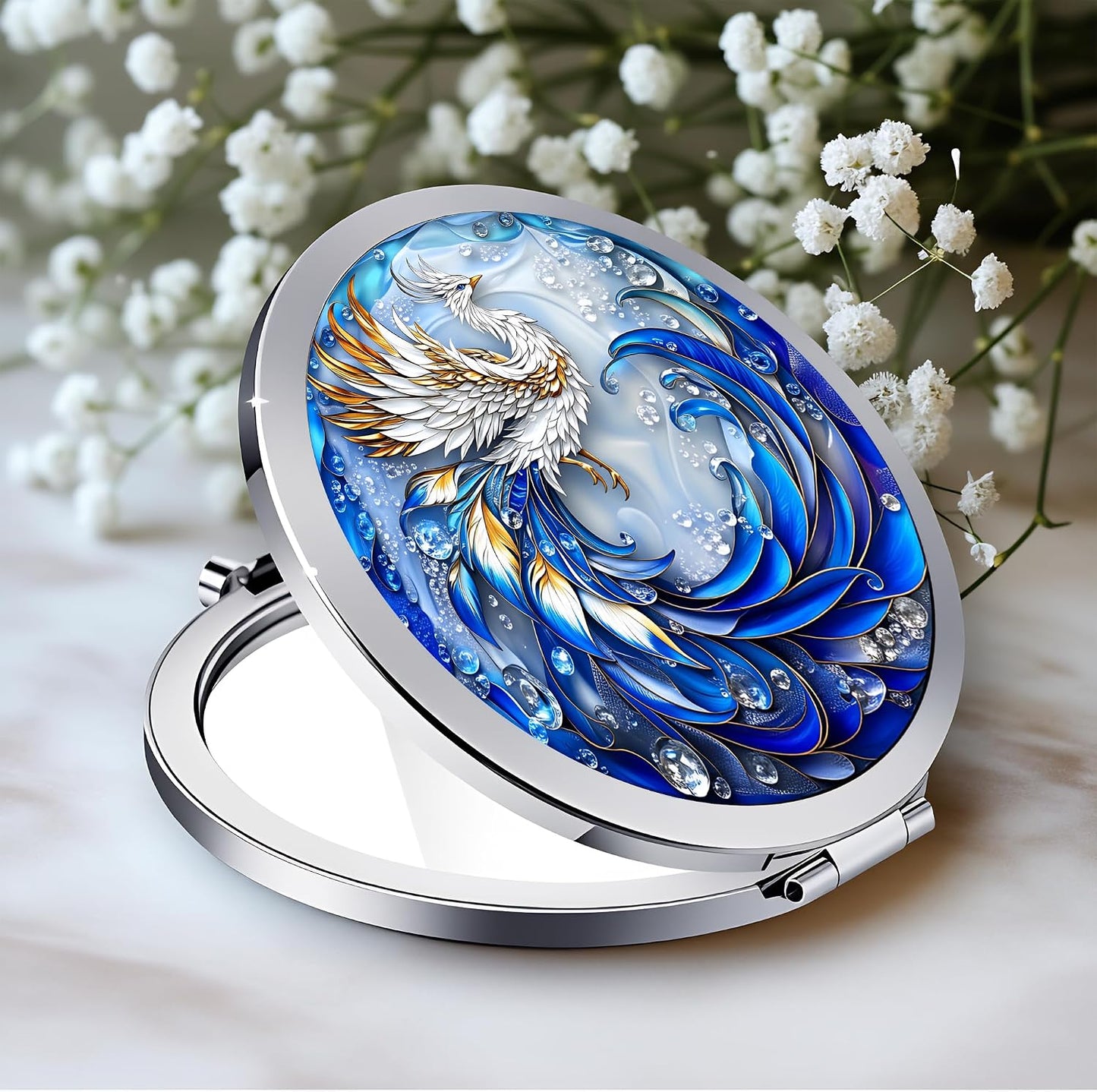 Compact Double-Sided Makeup Mirror - Silver Folding Design with Blue Lotus Moon | 2.8x2.8 Inch Gift for Women