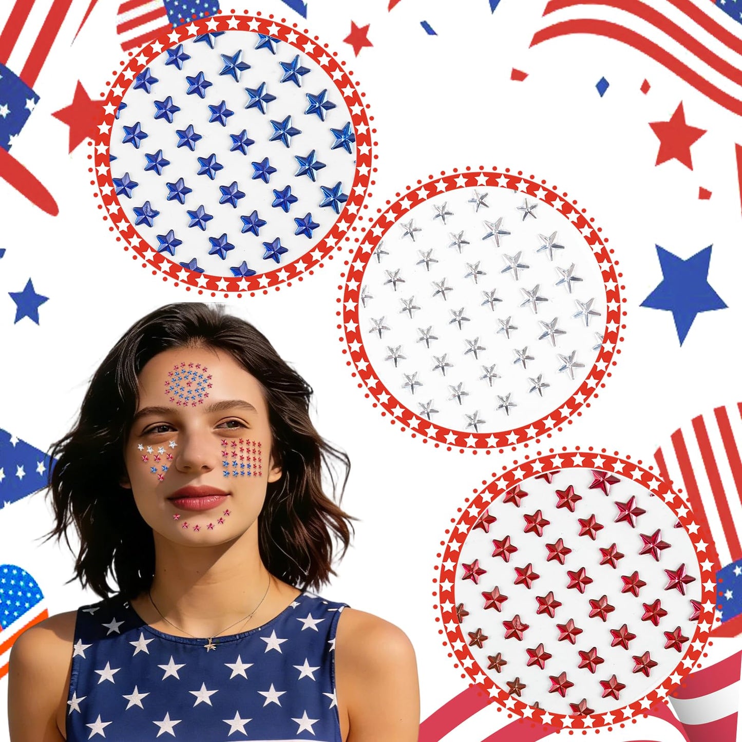 Patriotic Star Rhinestone Face Stickers Set - 6 Sheets Red White Blue 3D Self-Adhesive Stars, Multi-sized Bling Gem Stickers for 4th of July, Independence Day Party, Nail Art, Face Decor, DIY Crafts