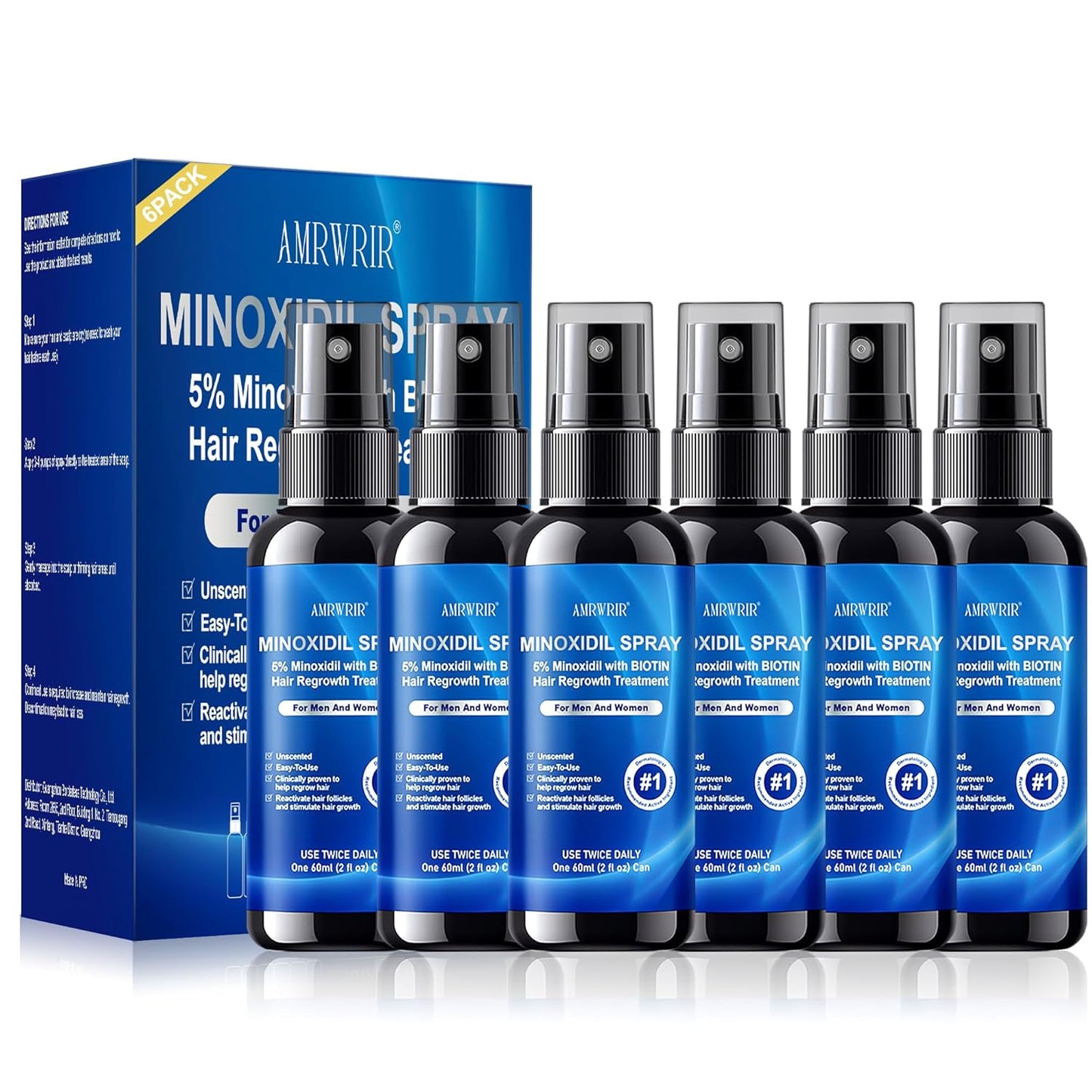 Minoxidil Hair Growth Spray for Men & Women - Biotin Infused Treatment | 6 Pcs, 12 Fl Oz Total