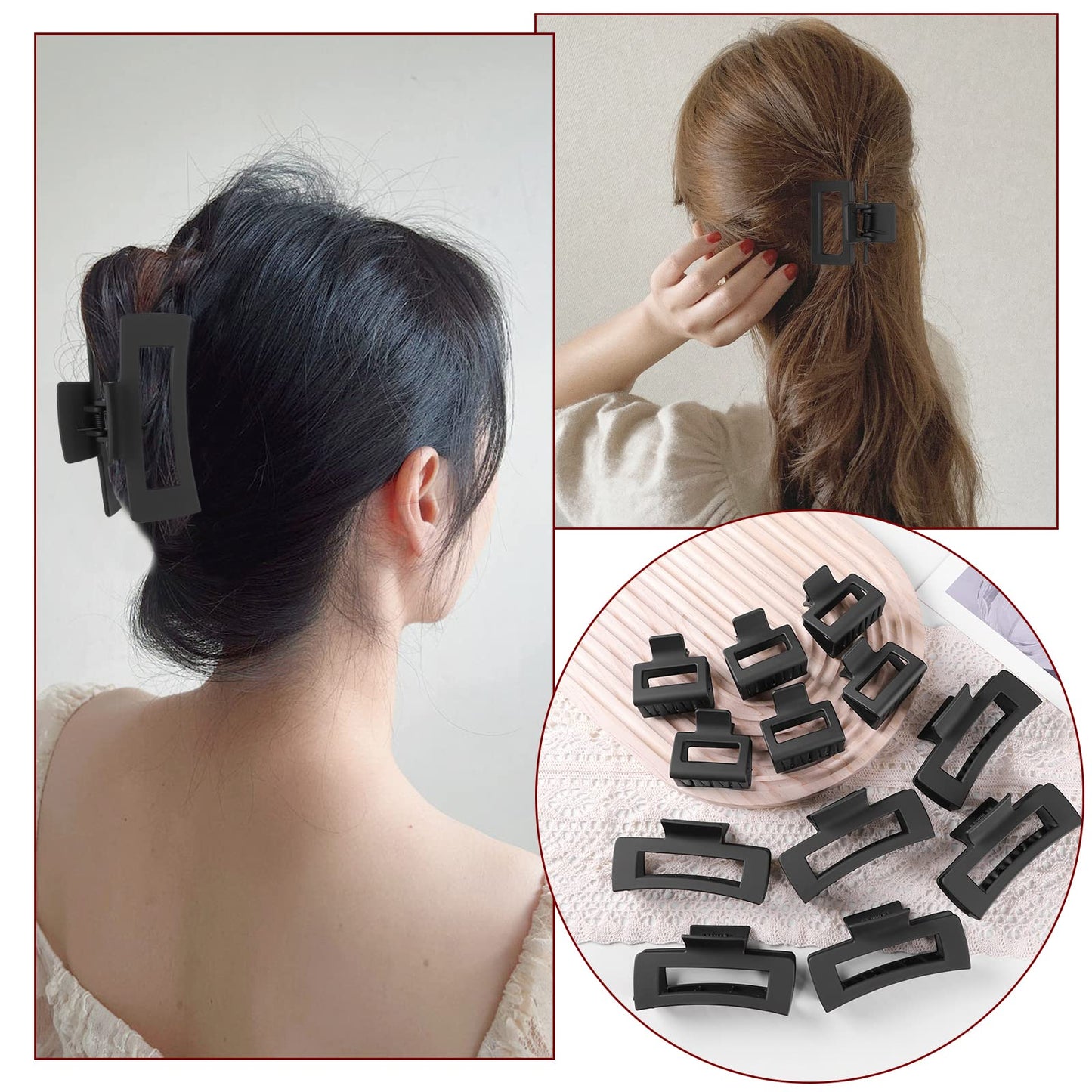 Rectangle Hair Accessories Set - 6 Large Claw Clips for Thick Hair and 6 Small Clips for Thin Hair for Women and Girls