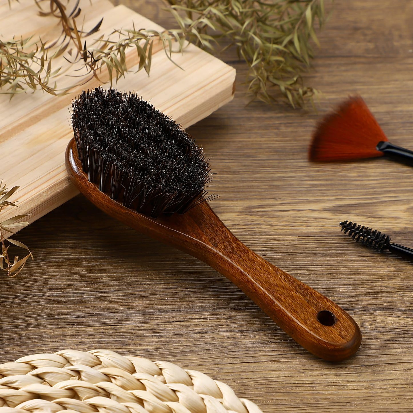 Patelai 4 Pieces Barber Fade Brush Set with Natural Fiber Wooden Handle Beard Styling Brush, Neck Duster, and Cleaning for Men's Grooming (Brown)