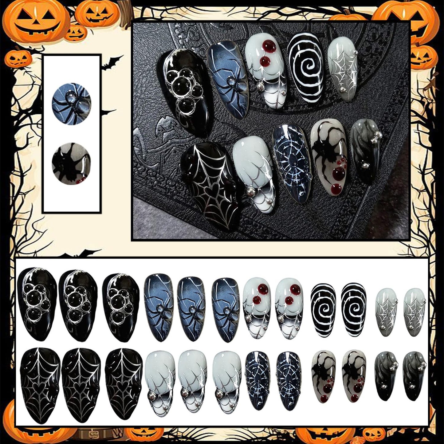 24Pcs Halloween Press on Nails Medium Almond Fake Nails with Steel Balls Design Horror Blood Drip Spider Acrylic Nails Spider Web False Nail Tips 3D Halloween Spider Stick on Nails for Women Nail Art