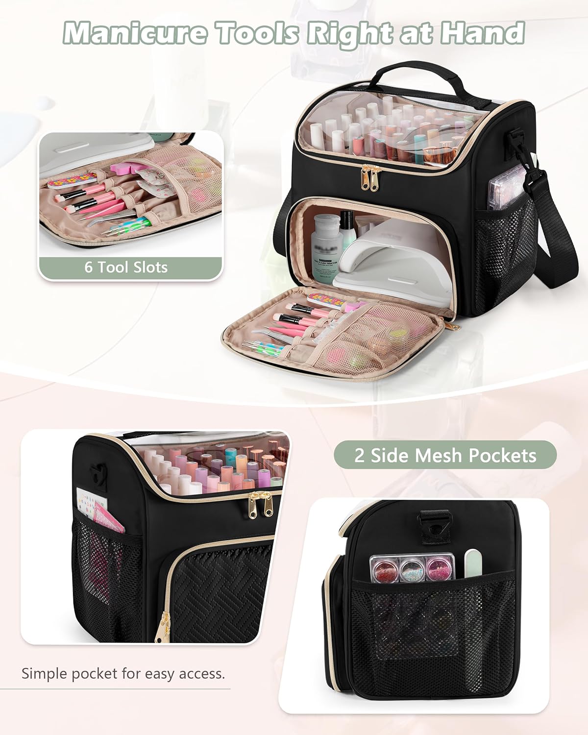 Nail Polish Organizer Bag - Holds 42 Bottles | Double Layer Storage Case for Gel Polish & Tools - Black