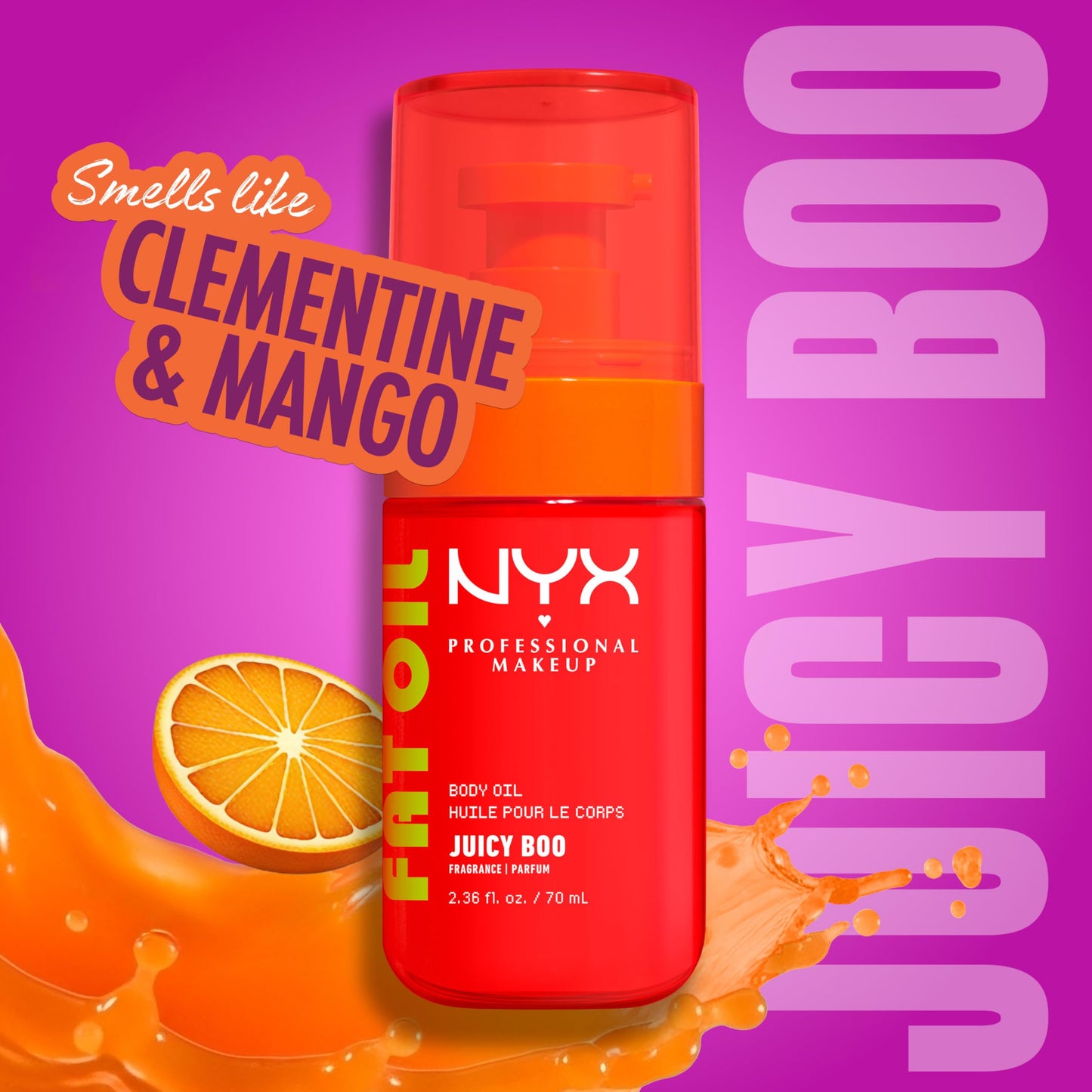 NYX PROFESSIONAL MAKEUP Fat Oil Body Oil in Juicy Boo, Citrus Scented Body Glow Moisturizer With Vitamin E for 24HR Hydration and Glowing Skin, Brightening Finish, Vegan & Cruelty-Free