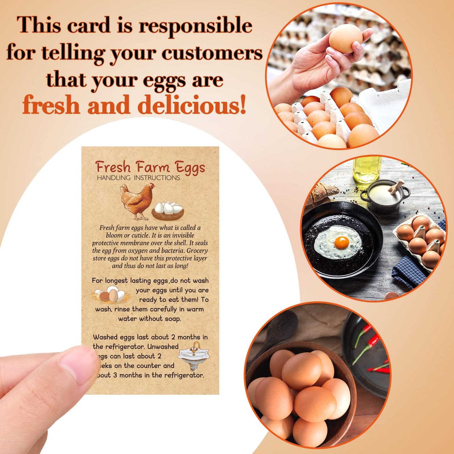 Kisston 200 Pcs Egg Handling Instruction Cards Bulk Fresh Farm Egg Care Labels 2 x 3.5'' Resuable Eggs Carton Stamp Thick Paper Design for Basket Farmstand Market Business Supplies (Simple Style)