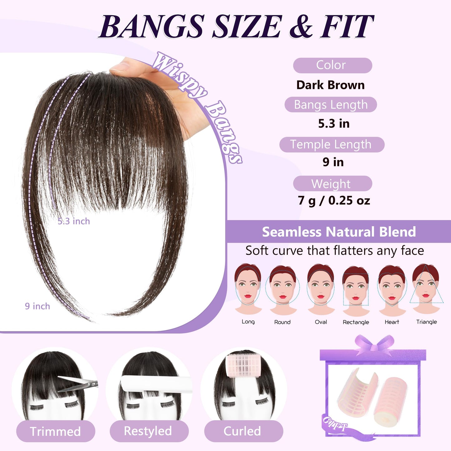 Yorda Bangs Hair Clip 100% Human Hair Clip in Bangs Fringe with Temples Wispy/French Bangs for Women Natural Looking for Daily Use (Wispy Bangs, Dark Brown)