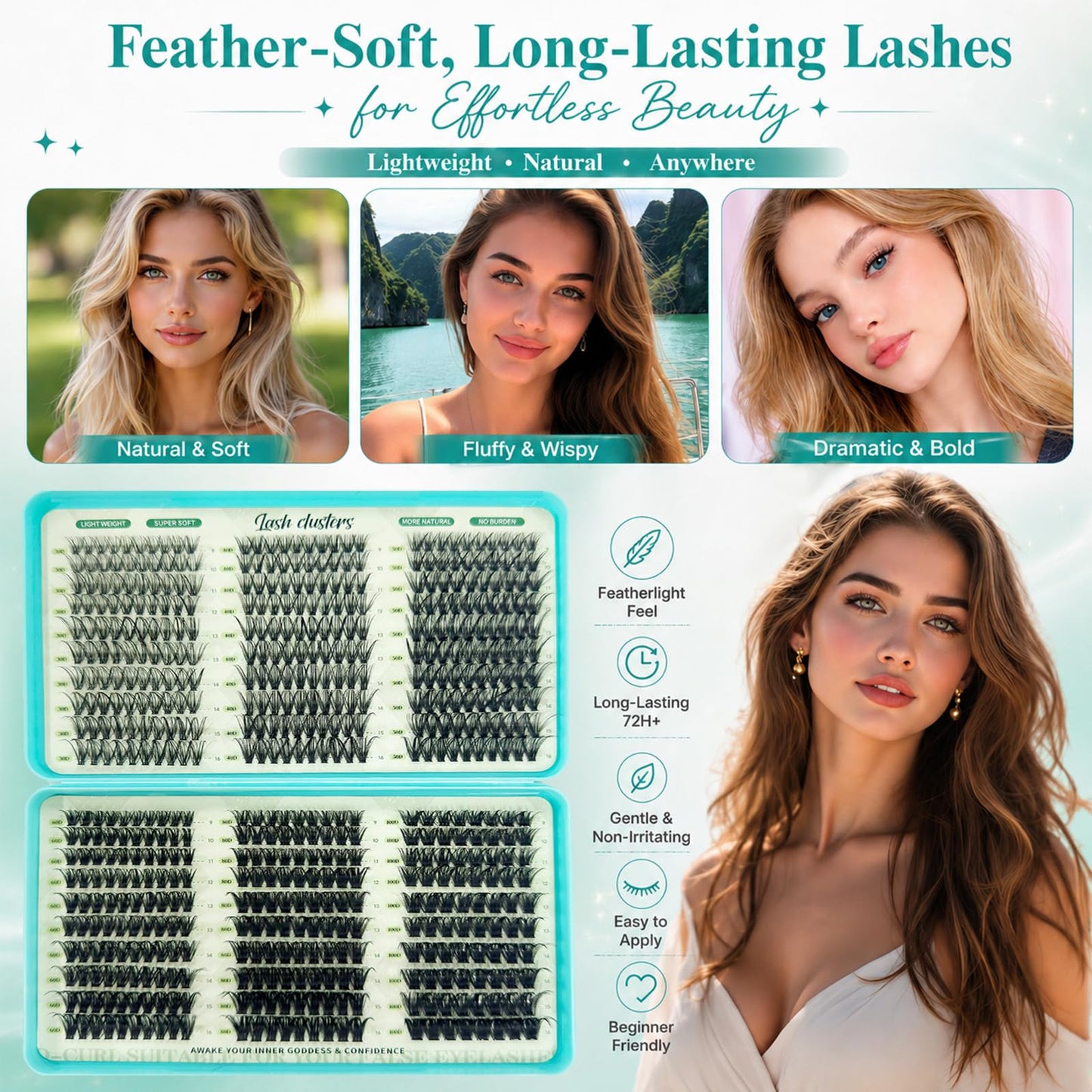 Lash Clusters Kit, 600 Pcs Eyelashes Lash Clusters D Curl 9-16mm, Individual Fluffy False Eyelashes Extensions with Tools, Perfect for Daily Wear and Dating (30D+40D+50D+60D+80D+100D Kit)