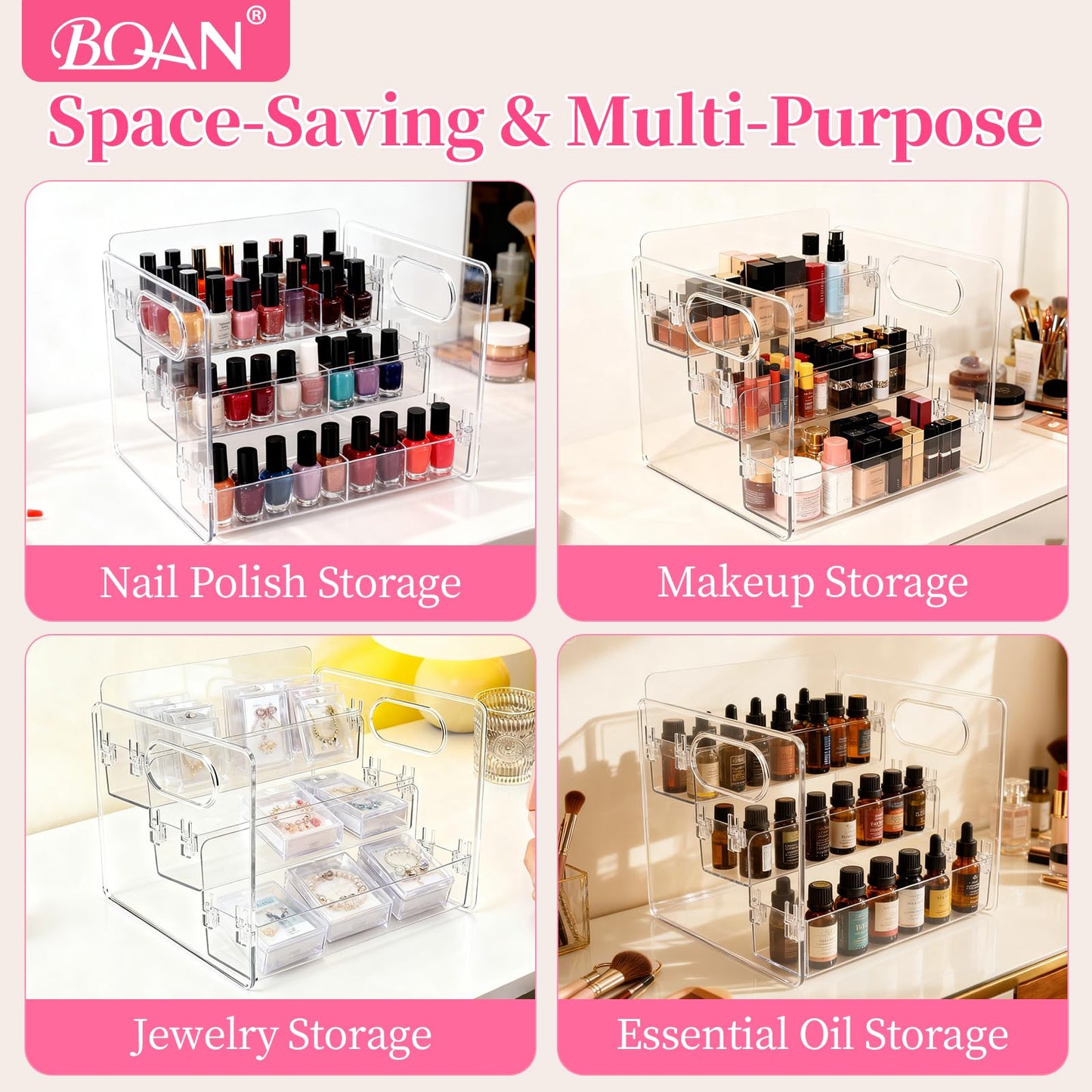 BQAN 3-Tier Clear Acrylic Nail Polish Organizer Rack - Extra Wide Storage Display Stand for Nail Polish, Essential Oils & Makeup with Built-in Handles