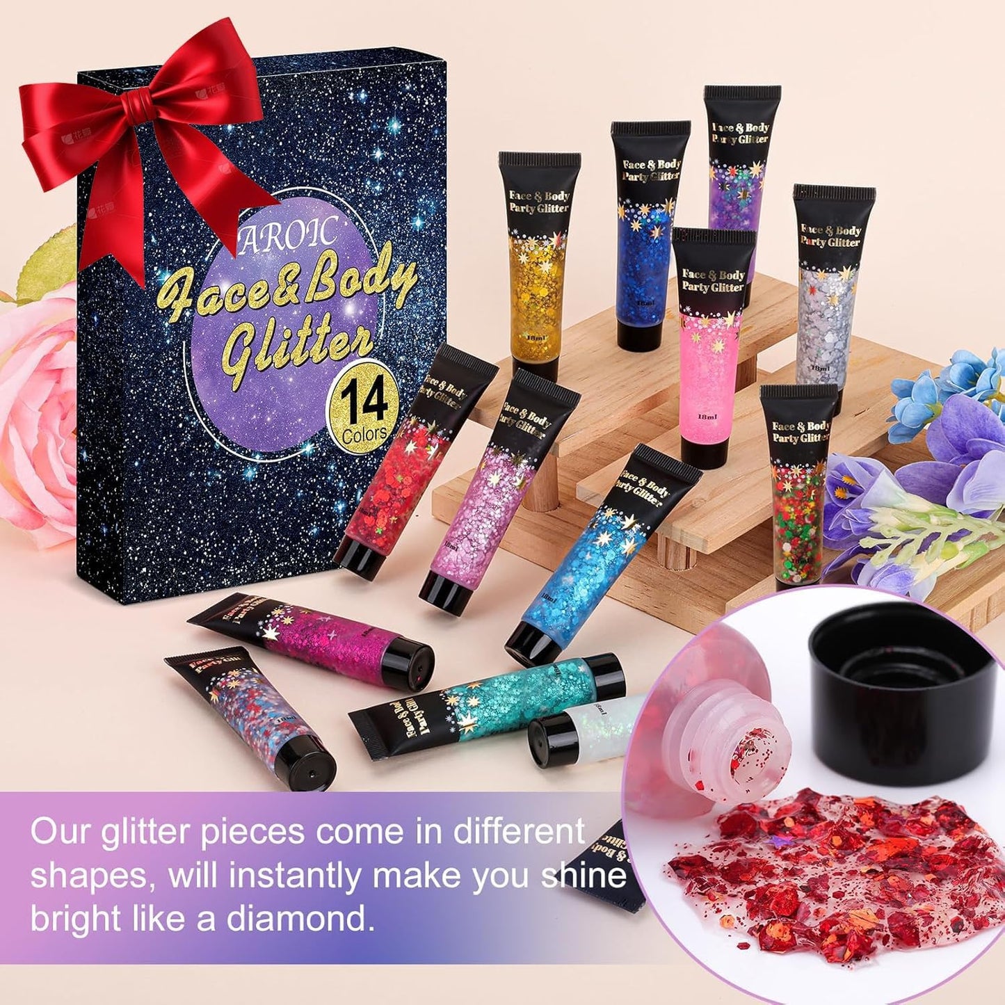 AROIC Body Glitter Gel Set - 14 Vibrant Colors for 4th of July & Festivals | Eye & Hair Shimmer Makeup - 18ml Tube