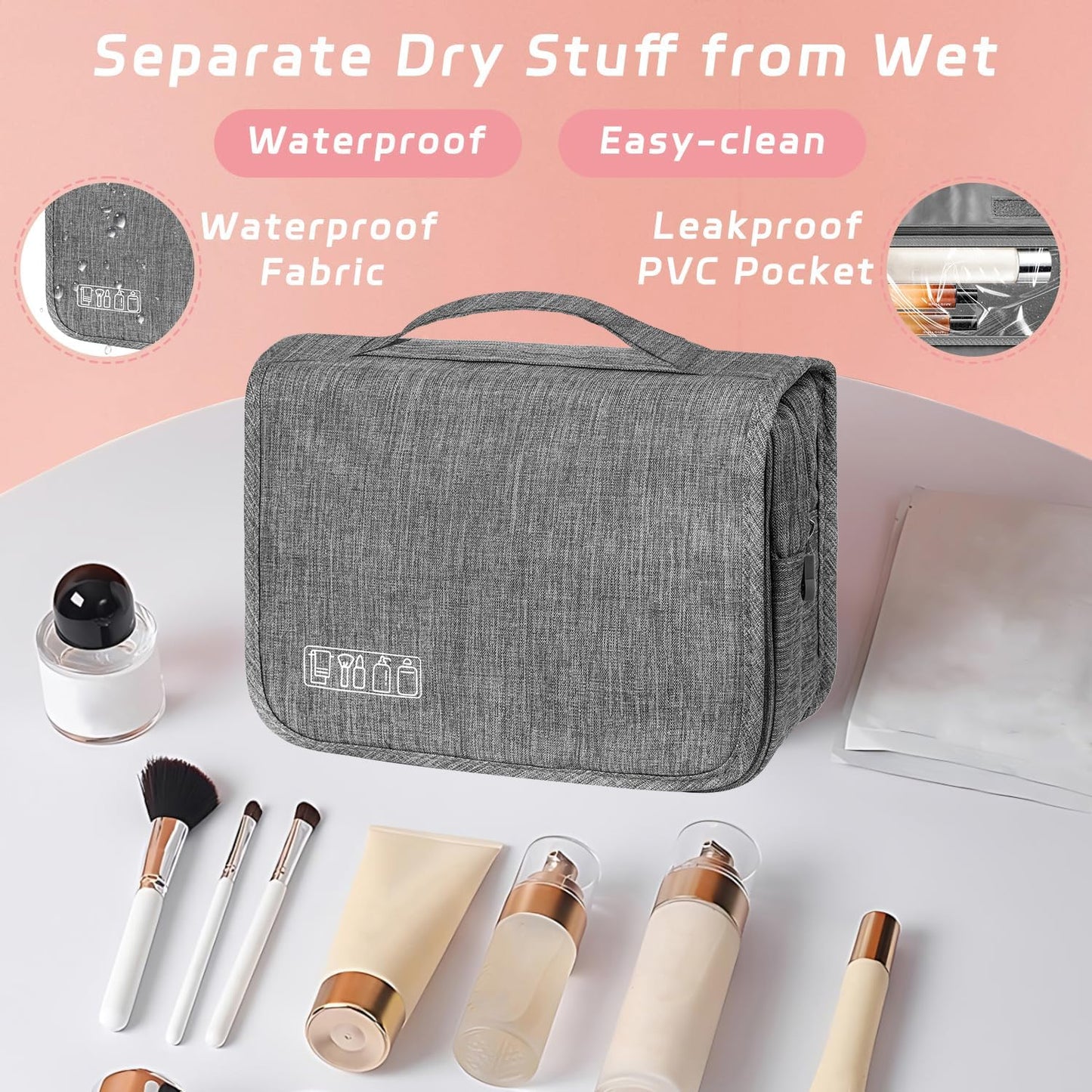 Toiletry Bag - Waterproof Hanging Travel Organizer for Men & Women | Small Cosmetic Makeup Bag (Grey)