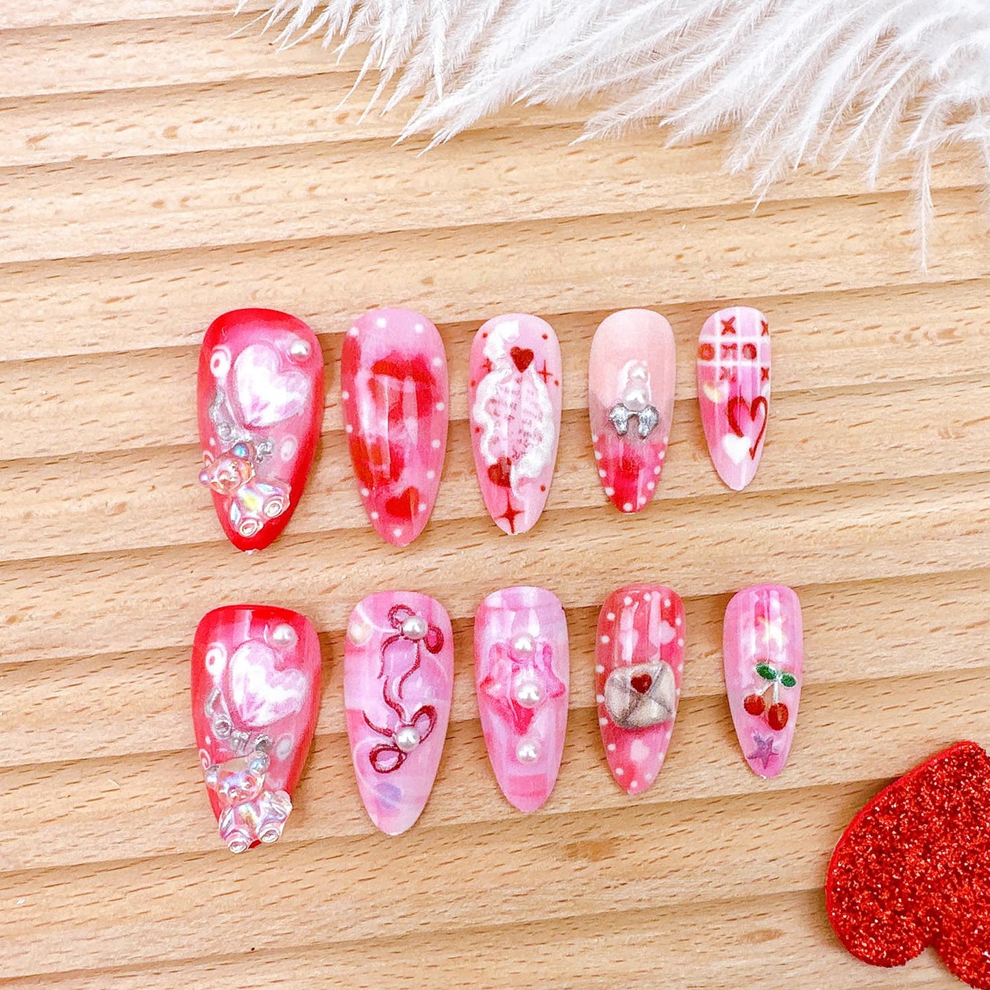 24Pcs Valentines Press on Nails Medium Almond Fake Nails with 3D Hearts Bear Pearl Designs Valentine Red Lips Acrylic Nails XOXO Cherry Bow False Nail Romantic Heart Full Cover Glue on Nails for Women
