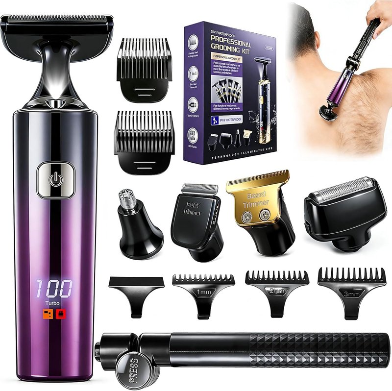Men's Back Shaver - 5-in-1 Rechargeable Trimmer with LED Display & Long Handle | IPX7 Waterproof, Safety Lock (Purple)