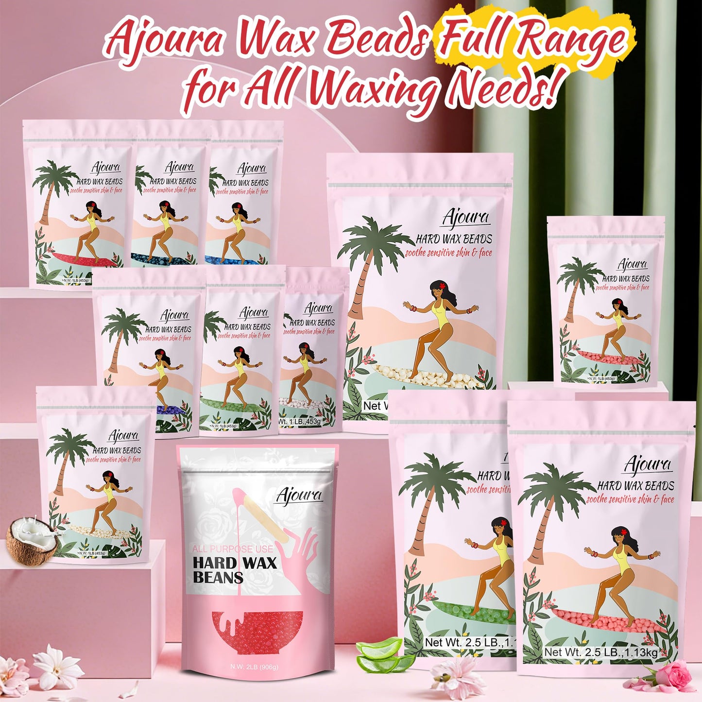 Ajoura 2.5LB Wax Beads for Hair Removal, Rose Hard Wax for Coarse Hair, Perfect for Brazilian, Bikini, Eyebrow, Legs, Facial, and Full Body Waxing, At-Home Wax Refill for Women and Men