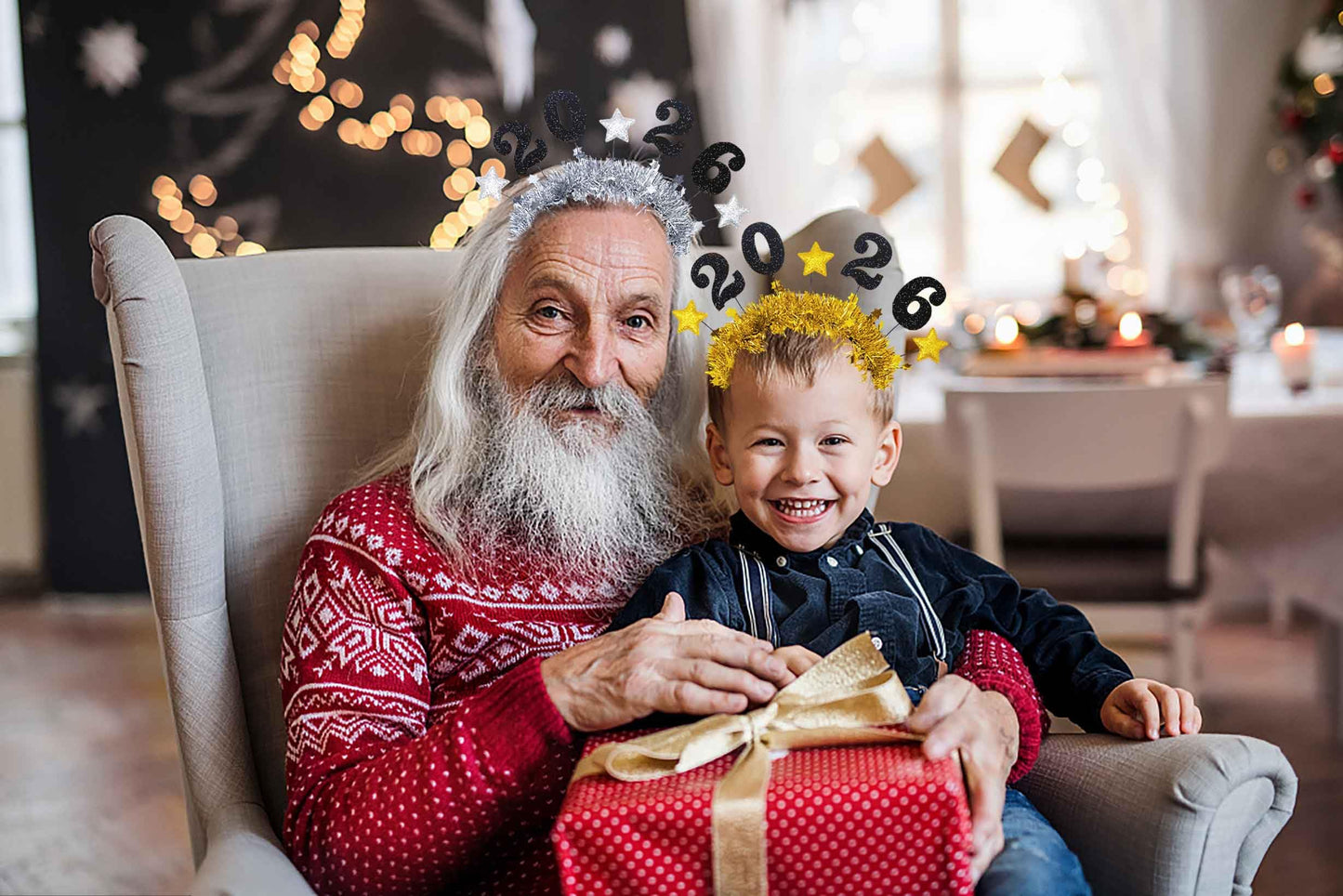 Hying 2 PCS Happy New Year Headbands Tiara for Women Man, Golden Silver Glitter Sparkles Headwear 2026 New Year Headband Hair Hoops Accessories for Christmas New Year Eve Party Supplies