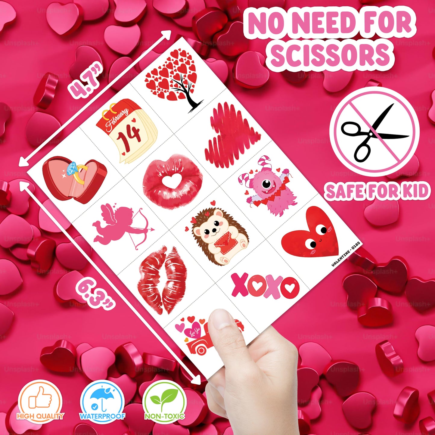 96PCS Valentine’s Day Love Heart Pre-Cut Temporary Tattoos for Kids