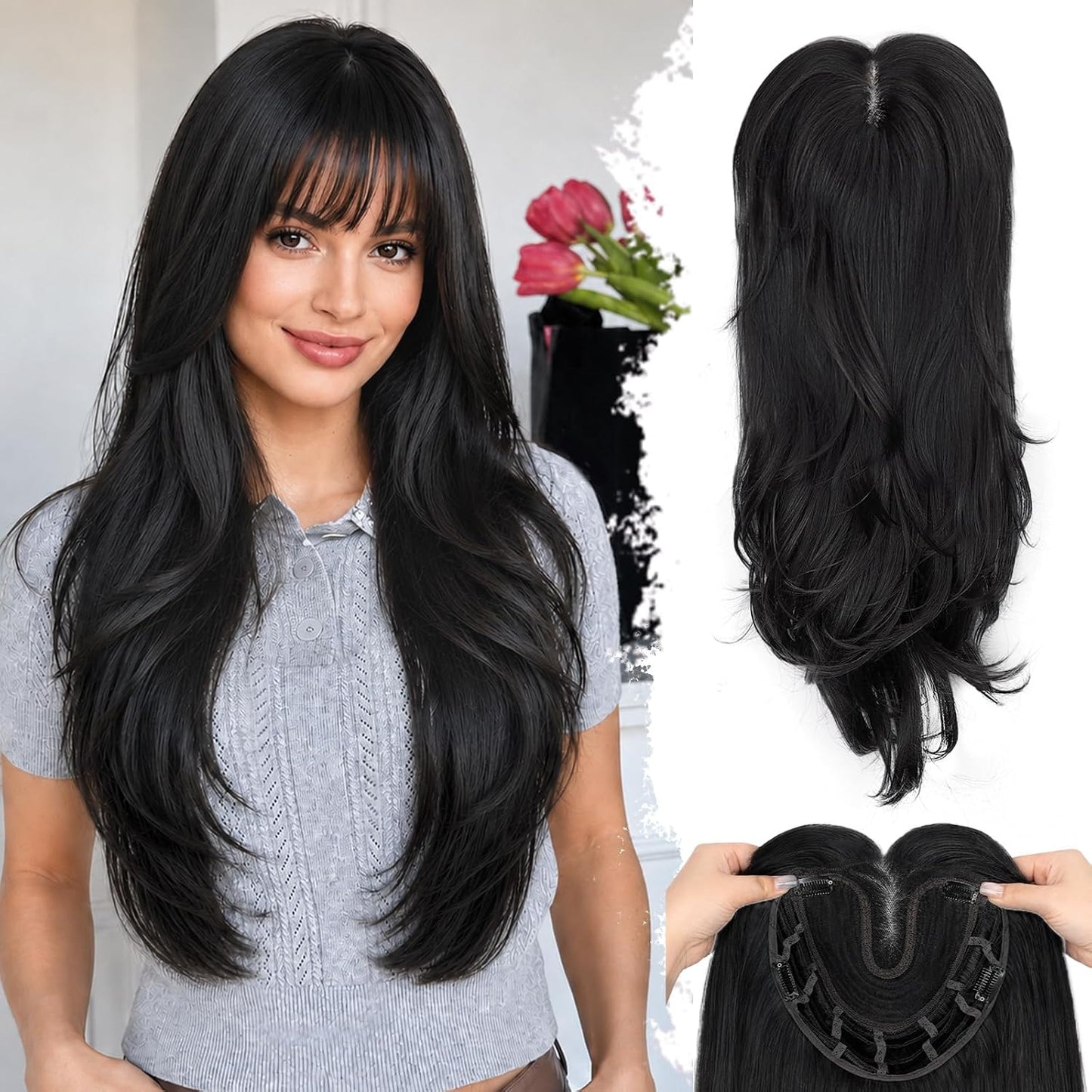 Hair Toppers for Women - 26-Inch 3D 360° Coverage Black Brown Long Straight Clip-In Synthetic Hair with Bangs