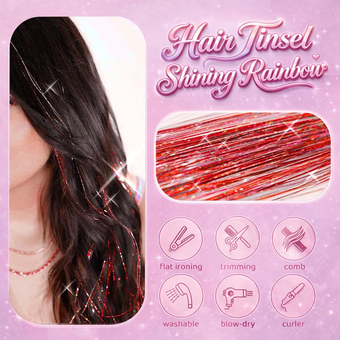 Red Hair Tinsel - 8 Pcs Fairy Hair Tinsel Kit | 48 Inch Glitter Extensions for Parties & Festivals