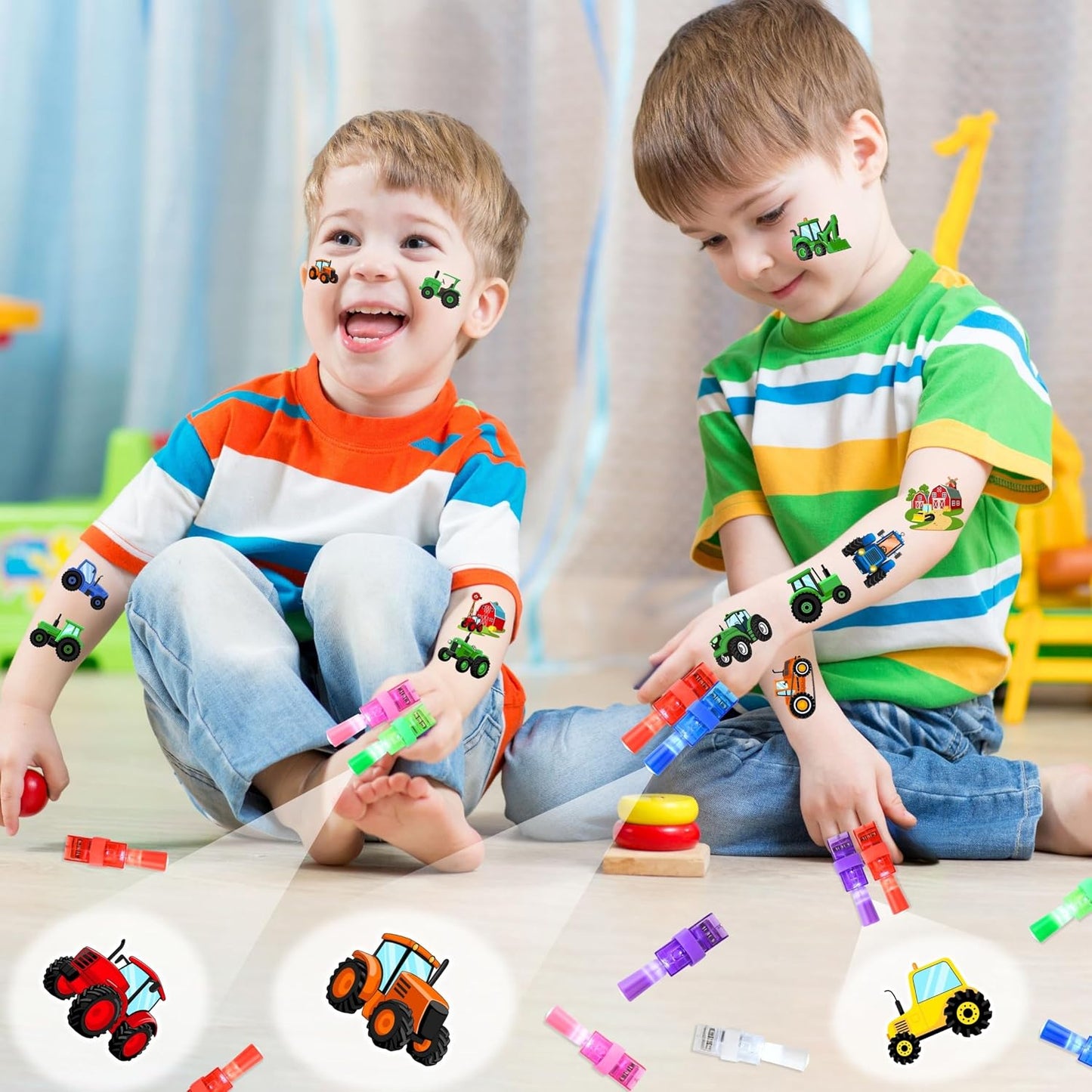 Tractor Party Favors - 72 PCS Luminous Tattoos & LED Finger Lights | Glow in the Dark Birthday Goodie Bag Fillers for Kids