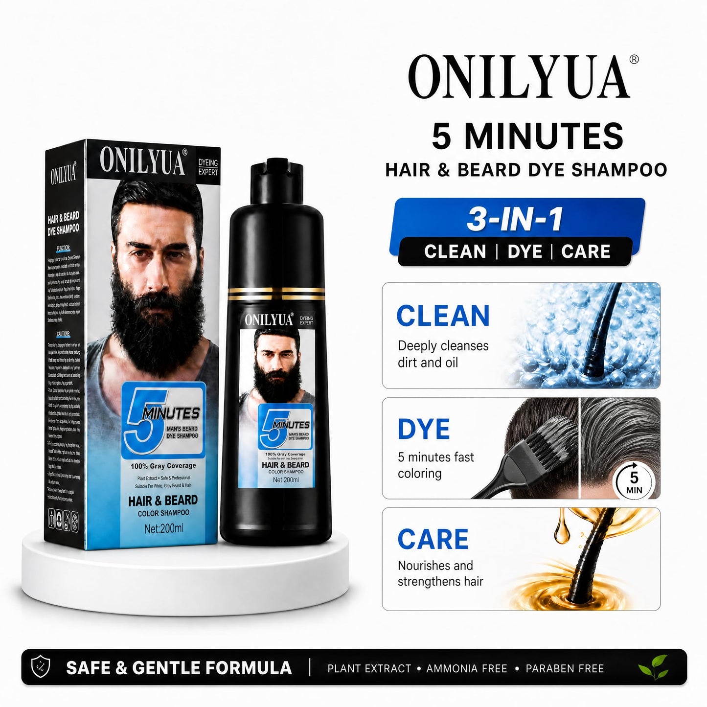 Men's Black Beard and Hair Dye Shampoo 3 in 1 - Long-Lasting Herbal Coloring for Gray Hair, Mustache & Beard in Minutes, 6.76 Fl Oz