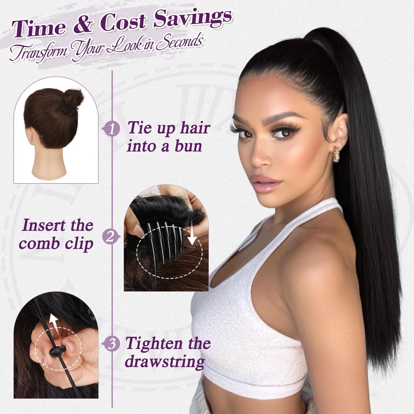 BARSDAR Dark Brown Straight Drawstring Ponytail Extension - 22 Inch Long Straight Drawstring Ponytail Extension Natural Looking Fluffy Soft Synthetic Cheer Posh Pony Tails Hairpieces Daily Party