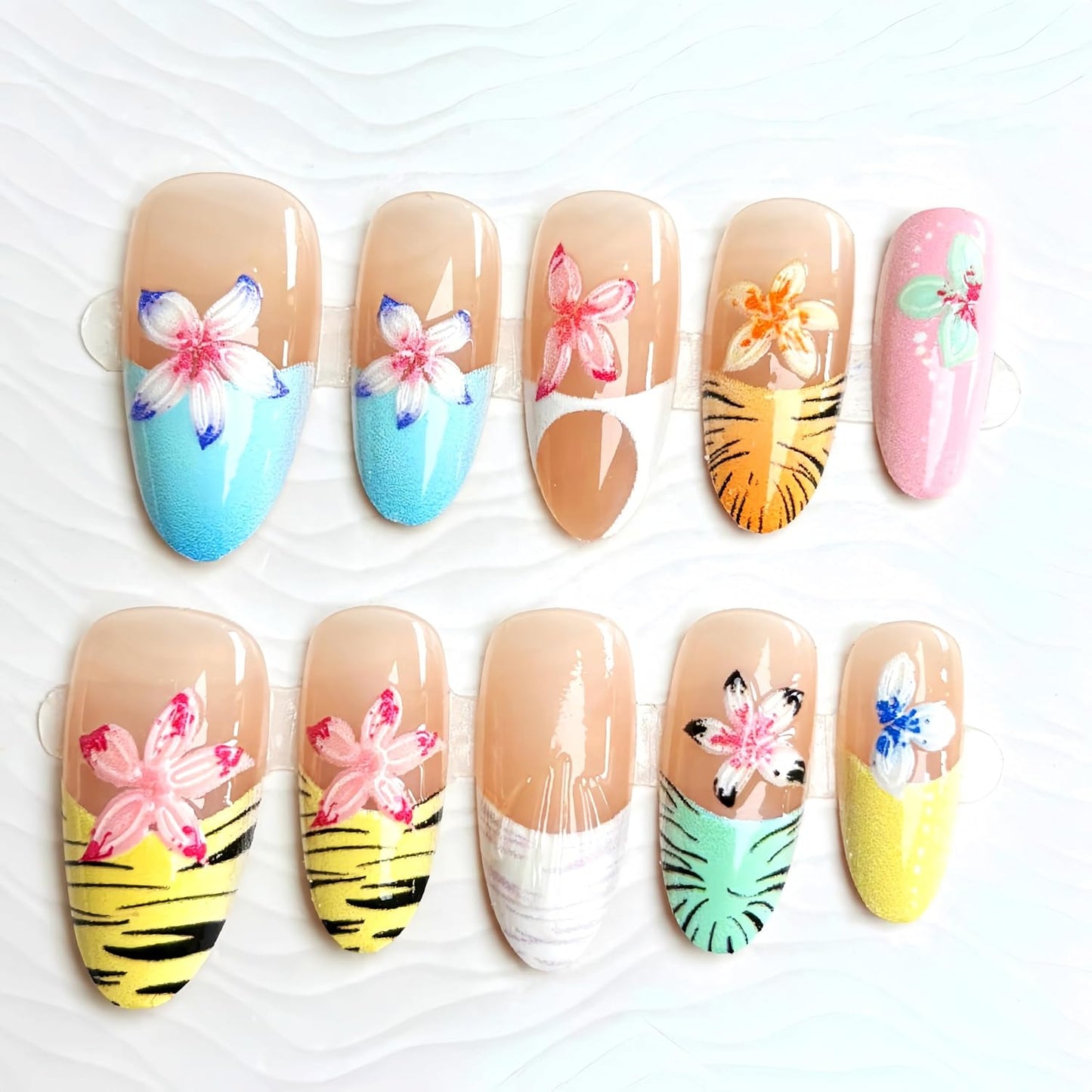 3D Handmade Press-On Nails - Summer Starfish & Flower Design | Medium Almond Full Cover Set