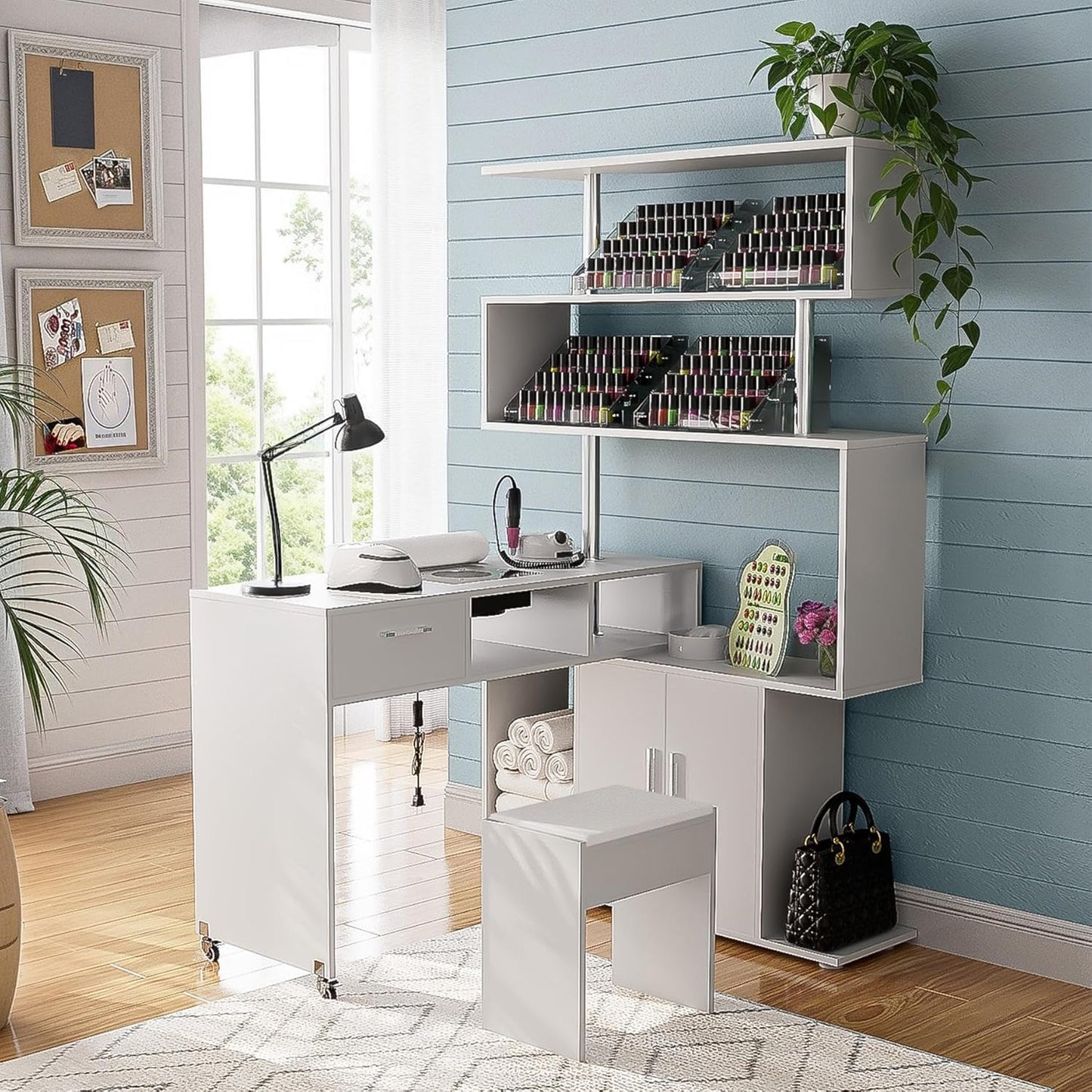 Manicure Table - L-Shaped Nail Desk with Dust Collector & Storage | Mobile Workstation in White