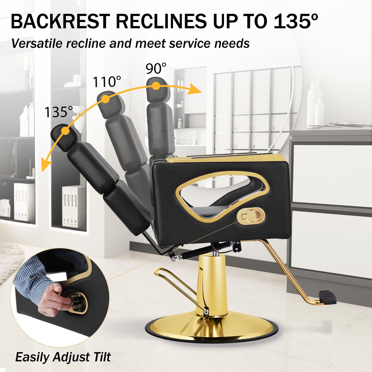 Black Salon Chair for Hair Stylist, Reclining Barber Chair for Barbershop with Hydraulic Pump, 360° Swivel Multi-Function Hair Styling Braiding Chair for Spa Shampoo Tattoo, Max Load Weight 440 Lbs