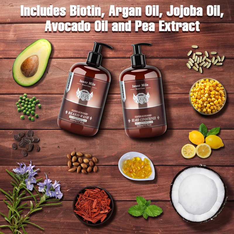 ISNER MILE Beard Wash & Conditioner Set for Men - 17 oz Shampoo with Biotin, Argan & Jojoba Oils for Smooth, Soft, and Strengthened Beard - Sandalwood Scented Grooming Gift