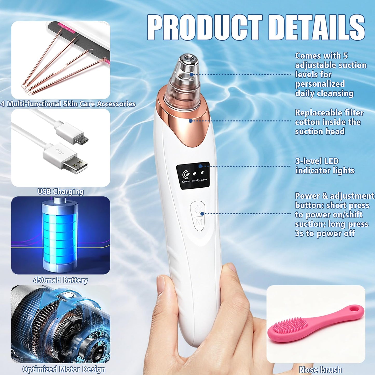Blackhead Remover Pore Vacuum, with Nose Brush & Skin Care Tools, 3 Adjustable Suction Levels, 5 Suction Power,5 Probes, USB Rechargeable Facial Cleaner for Daily Surface Cleansing (White)