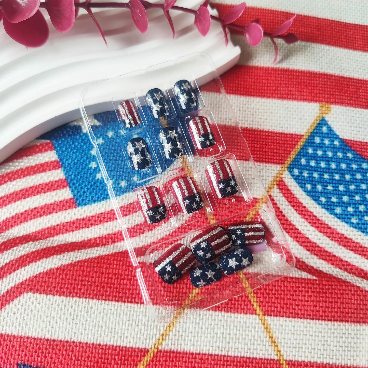 24Pcs 4th of July Press on Nails American Flag Acrylic Fake Nail Patriotic Gel Glue on Nail Fourth of July Short Square False Nails Glossy Silver Glitter Stick on Fingernails for Independence Day Gift