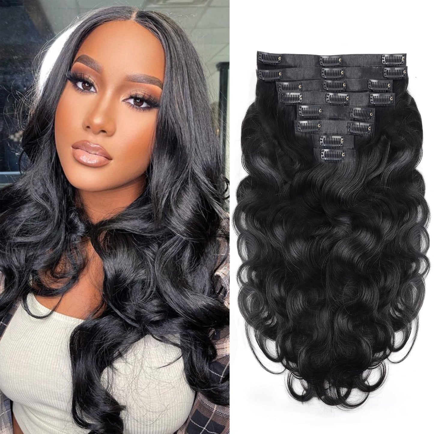 Mihugass Seamless Clip Ins For Women Real Human Hair Invisible PU Weft Body Wave Clip In Hair Extensions Human Hair 8pcs with 18Clips Per Set 120g(22inch,Natural Black)