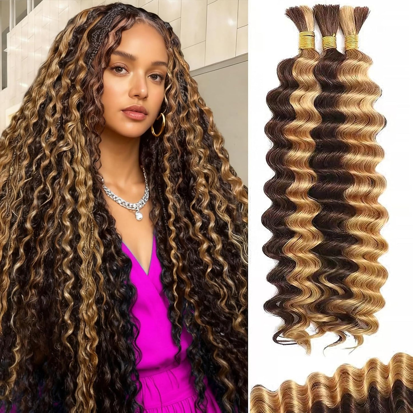 Boho Blonde Human Braiding Hair - 120g Curly Deep Wave | 14-Inch Bulk for Knotless Braids