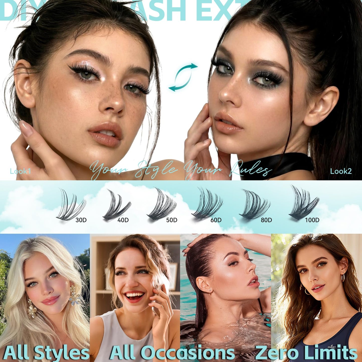 Wispy Lash Clusters, Individual Cluster Lashes 40D 50D, DIY Cluster Eyelash Extensions for Natural Wispy Look, Soft Lightweight Individual Lash Clusters for At-Home Lash Extension