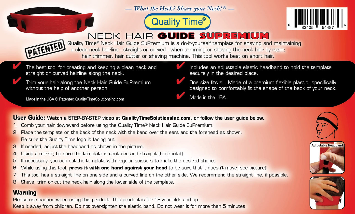 Quality Time Neck Hair Guide SuPremium, the Original Neckline Template for Shaving and Keeping a Straight or Curved Neck Hairline; a Line Up Stencil/Guard for Neckline, Do-it-Yourself Made in USA