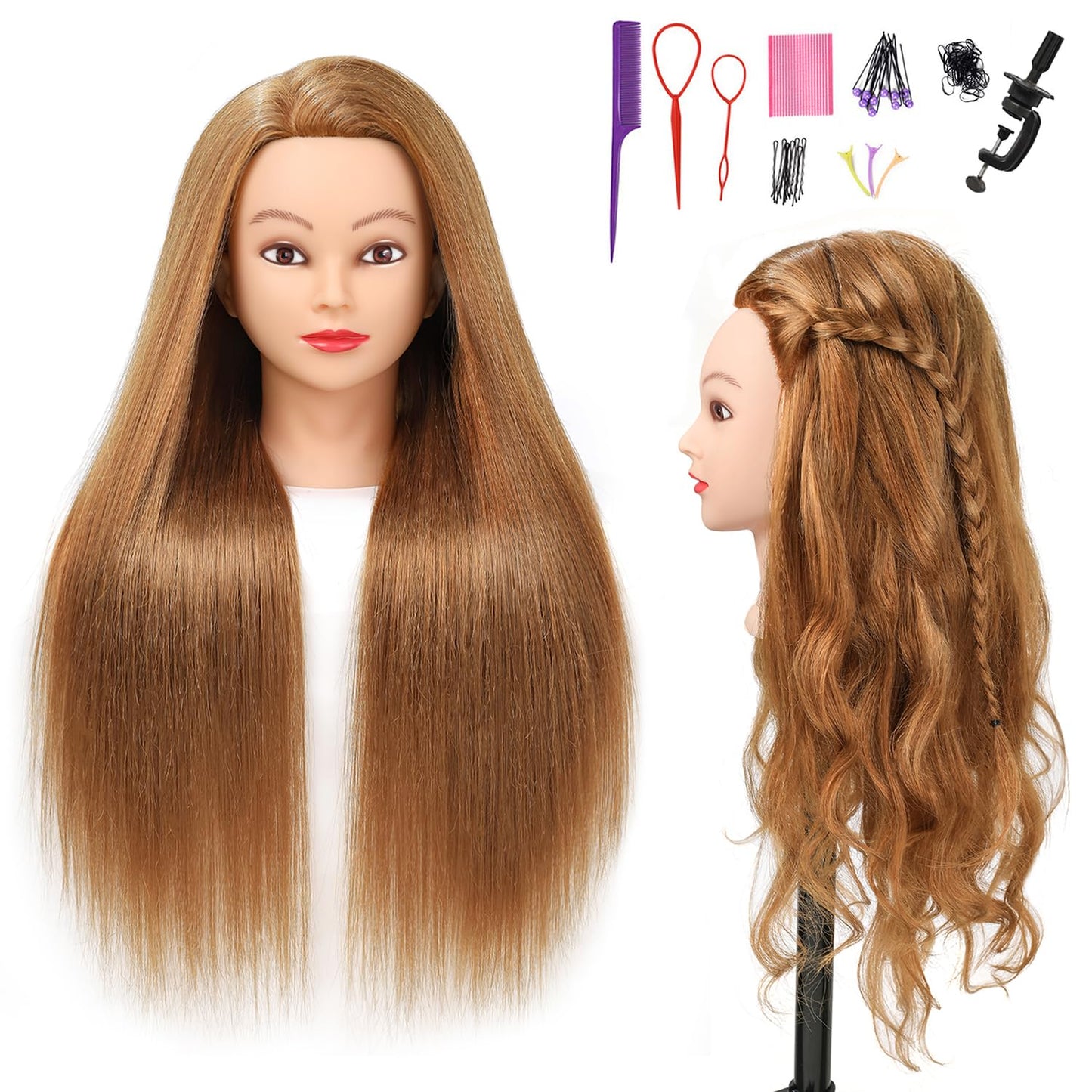 SOPHIRE 26"-28" Mannequin Head with 80% Real human Hair, Hairdresser Practice Training Head Cosmetology Long Hair Manikin Doll Head with 9 Tools and Clamp - #4 Brown, Makeup On