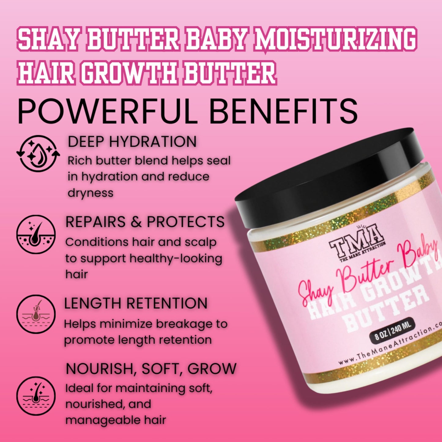 The Mane Attraction Shea Butter Baby Moisturizing Hair Butter – Deep Hydration & Length Retention Cream for Dry, Curly & Natural Hair – Shea Butter, Castor & Black Seed Oil – Frizz Control – 8oz