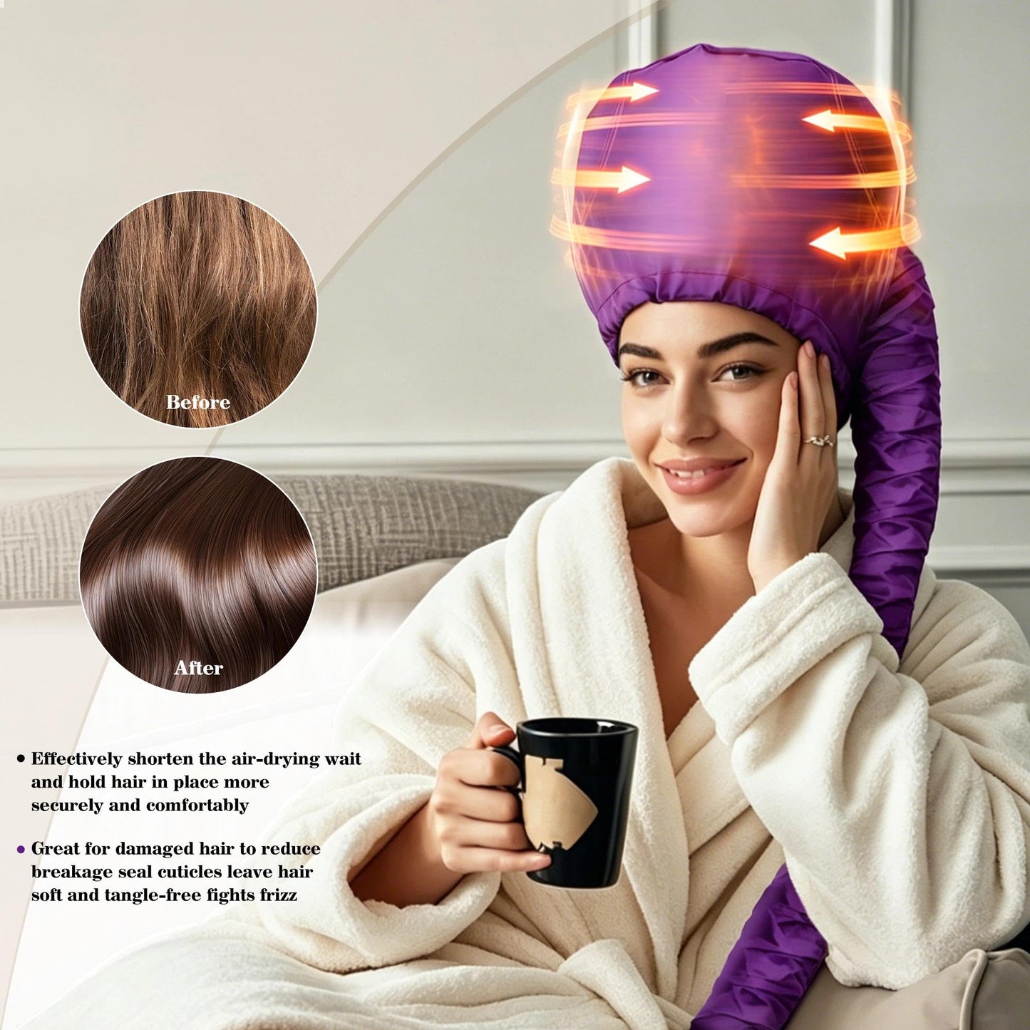 Hooded Hair Dryer Bonnet, Fast Drying Bonnet Hair Dryer for Natural Hair, Deep Conditioning Styling Curl Enhancing, Adjustable Fit Portable Lightweight for Travel（Purple）
