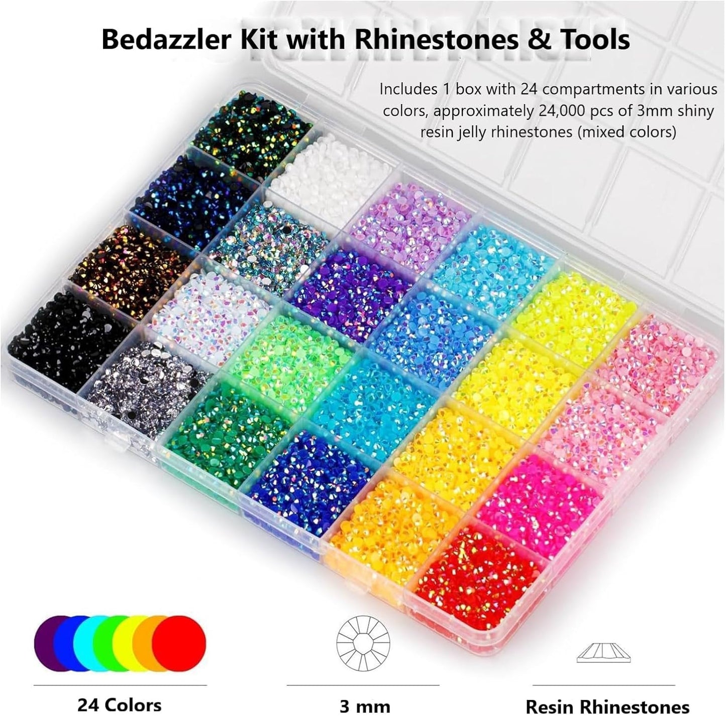 Bedazzler Kit - 3mm Rhinestones & Tools for DIY Projects | 24 Colors, Glue & Pen Included