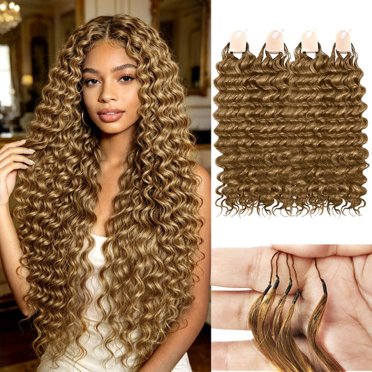 Human Crochet Hair for Black Women 18inch 120g Pre Separated 100 Strands Deep Wave 27# Invisible Miracle Knots Boho Honey Blonde Feather Crochet Human Hair,Lightweight No Itch