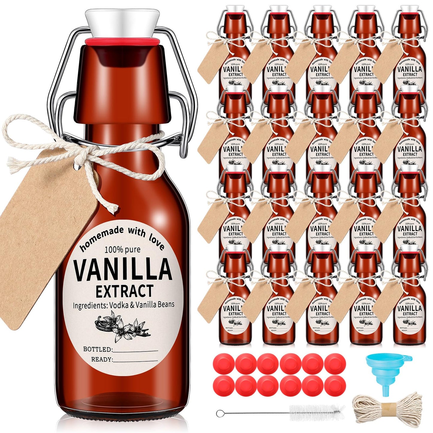 Vesici 8 Sets Swing Top Glass Bottles Set Amber Homemade Vanilla Extract Bottles Vanilla Extract Jars for Christmas DIY Crafts (8 Oz)