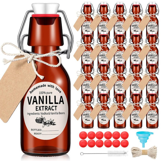 Vesici 8 Sets Swing Top Glass Bottles Set Amber Homemade Vanilla Extract Bottles Vanilla Extract Jars for Christmas DIY Crafts (8 Oz)