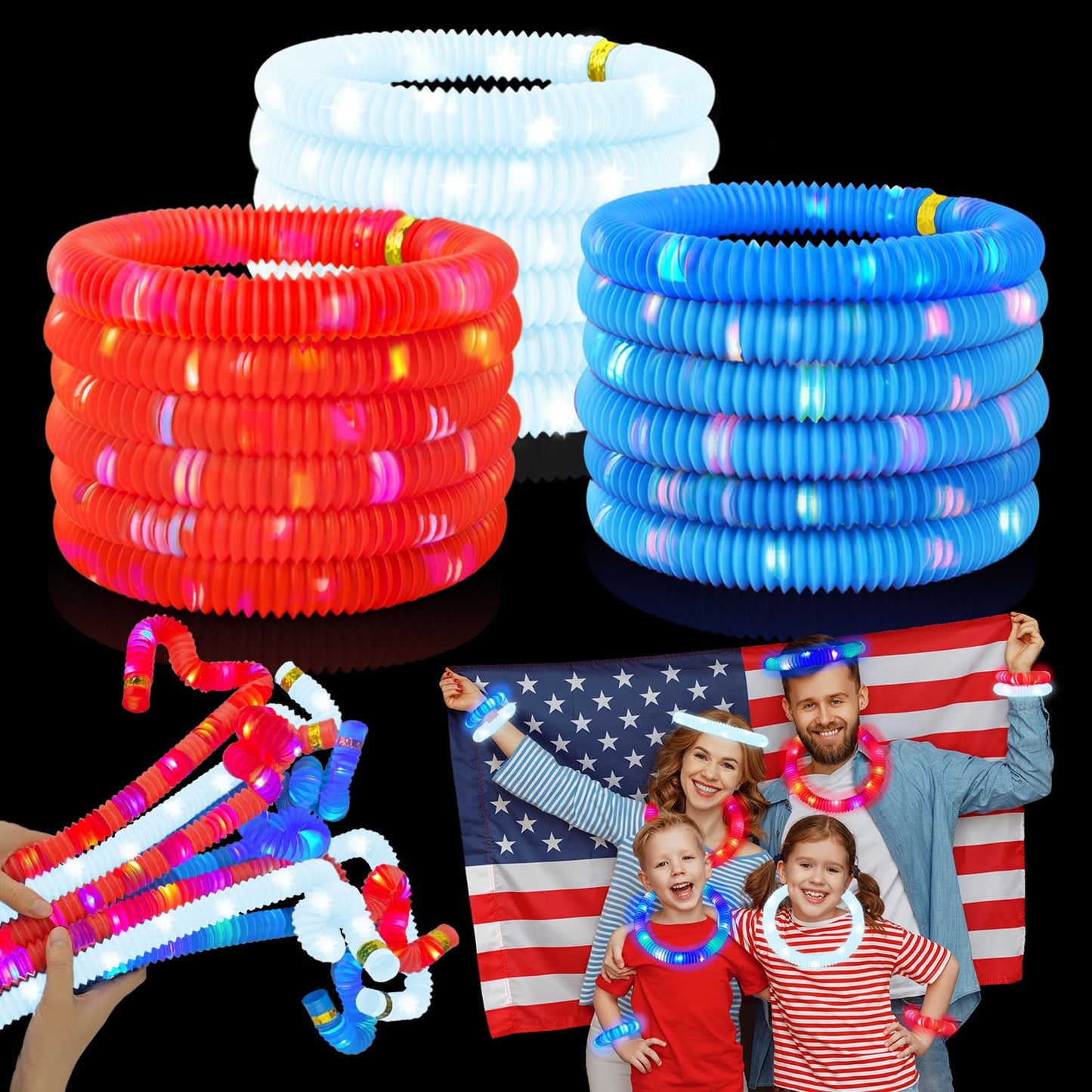 4th Fourth of July Kids Glow Sticks Toys Gifts 6 PCS,Red White Blue Party Favors Supplies,Light Up Bracelets Necklaces Accessories for Toddlers,Patriotic Goodie Treats Decor for Independence Day