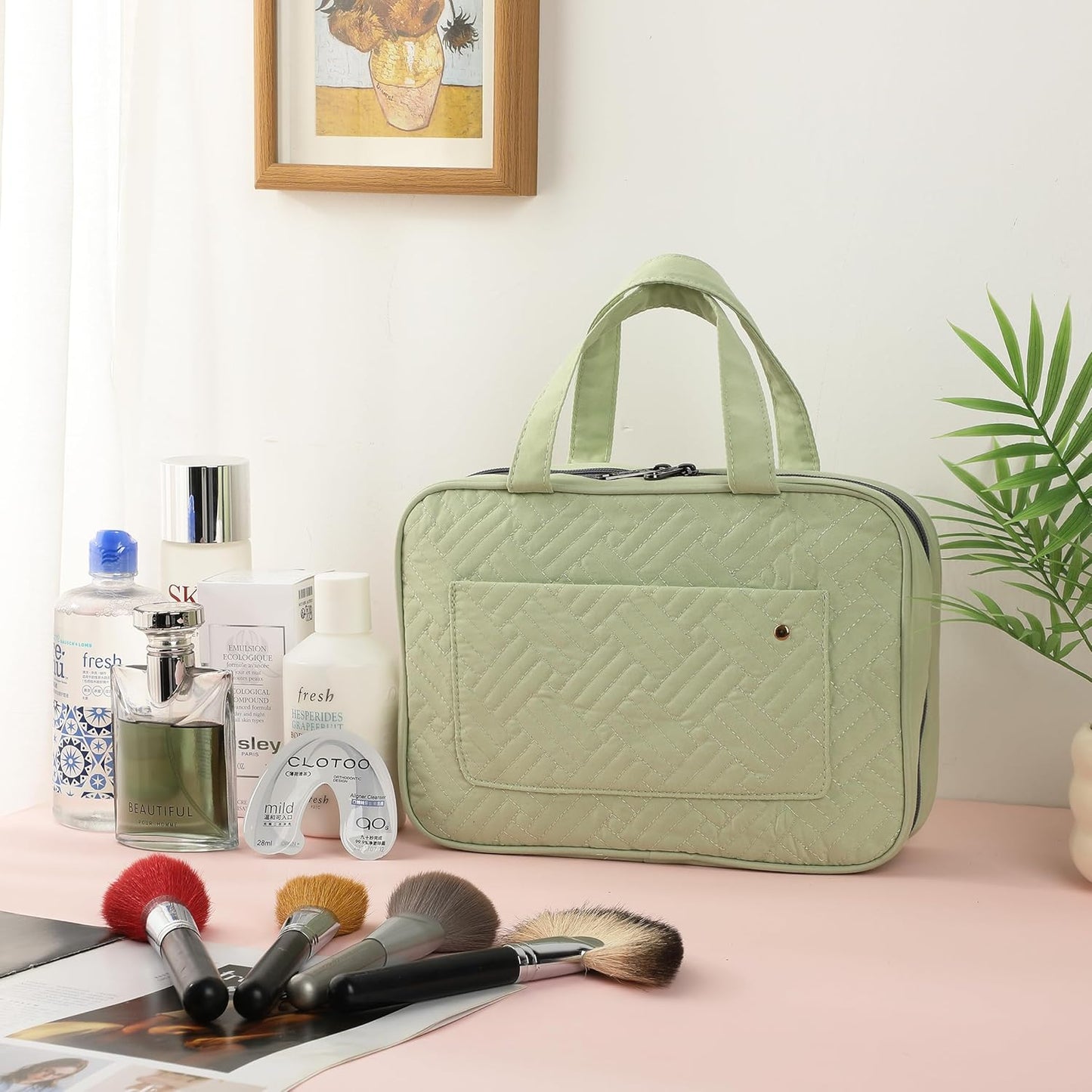 Travel Toiletry Bag Organizer - Green Makeup Bag with Hanging Hook | Water-Resistant Design