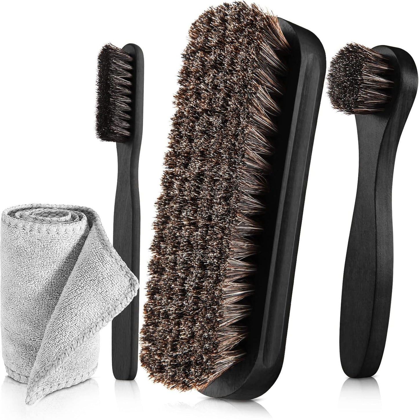 Horsehair Shoe Brush Kit - 4 Pcs Leather & Suede Cleaning Brushes with Microfiber Gloves | Shoe Care Essentials