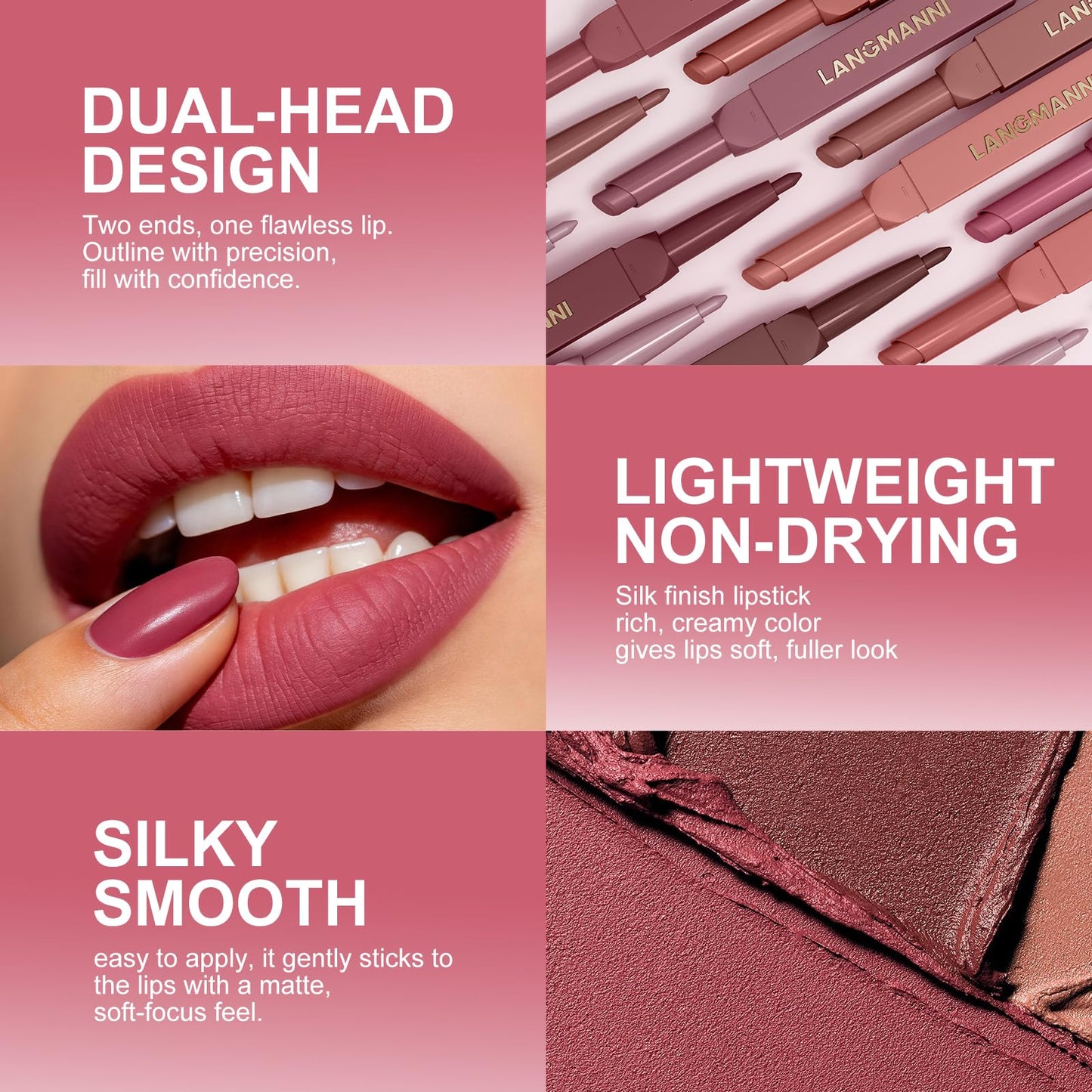 LANGMANNI 2-in-1 Lipstick & Lip Liner Set,2 Colors Set|Angled Lipstick+Matching Lipliner Pencil|Velvet Matte Finish,Long-Lasting & Smudge-Resistant|All-in-One Lip Makeup Kit for Women(#9+10)