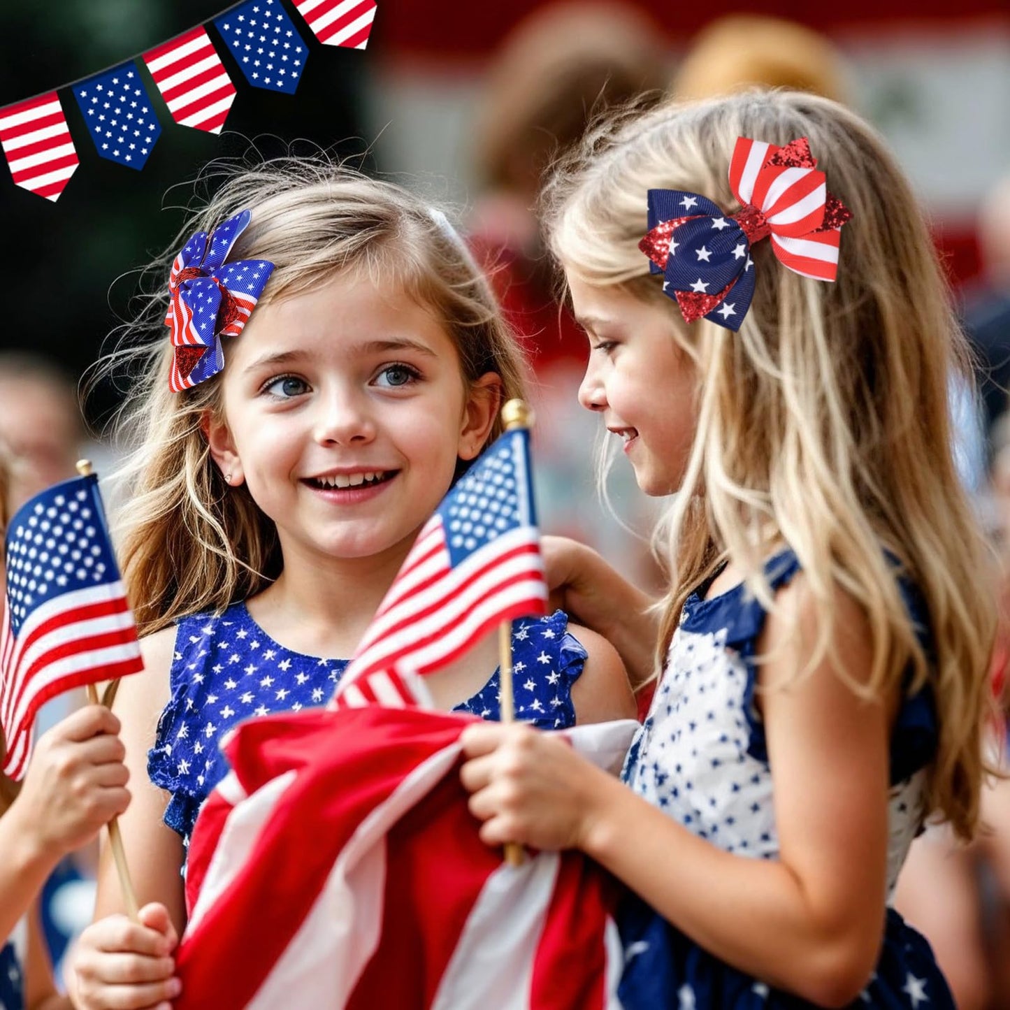 4PCS Glitter American Flag Hair Bows Clips, Sparkly Fourth of July Hair Bows Clips Alligator Barrettes, Patriotic Hair Accessories for Women Girls