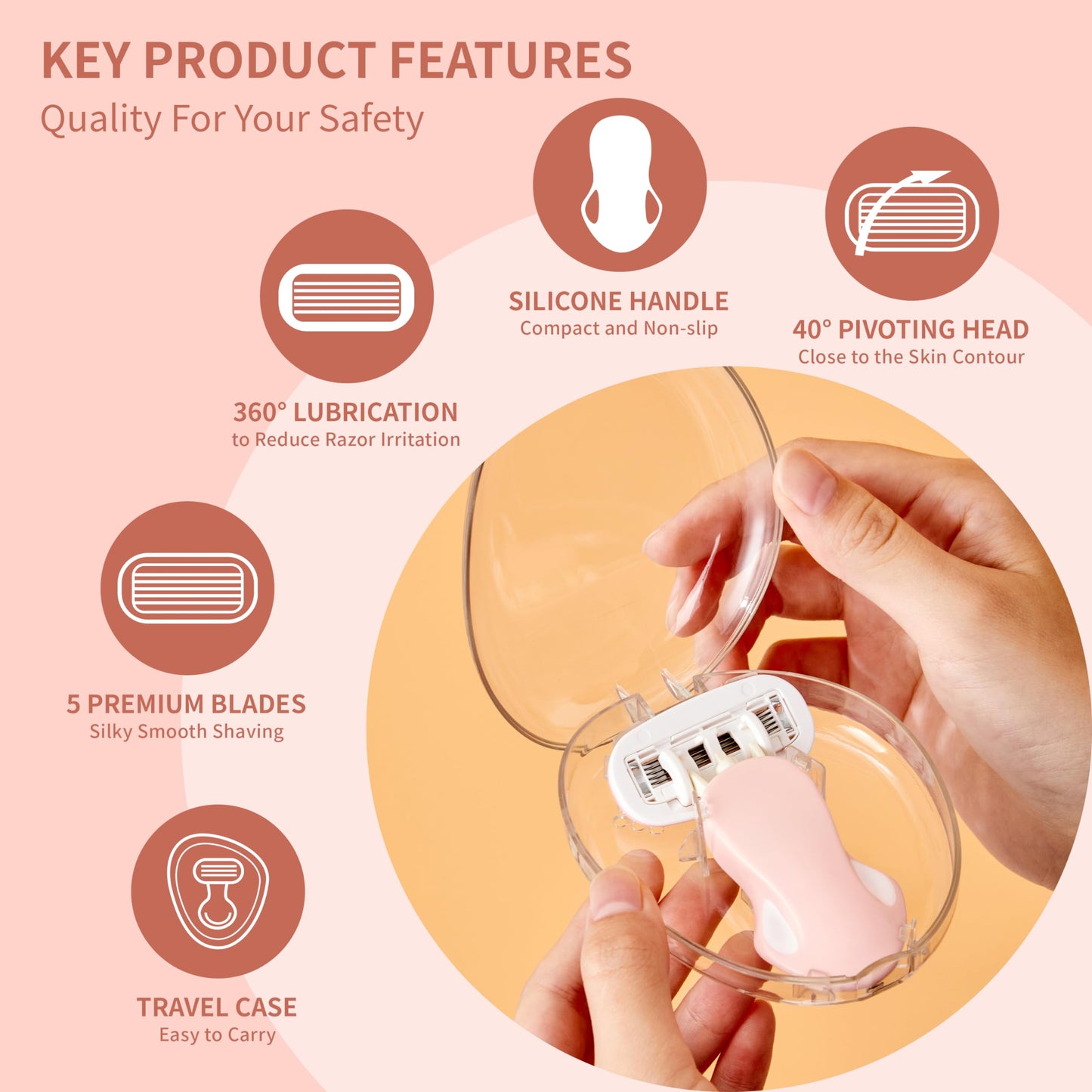 BeautyGlow Travel Razor for Women with Mini Handle, Extra Smooth 5-Blade Travel Size Razors with Case & Gift Box, Includes 5 Cartridges (Pink)