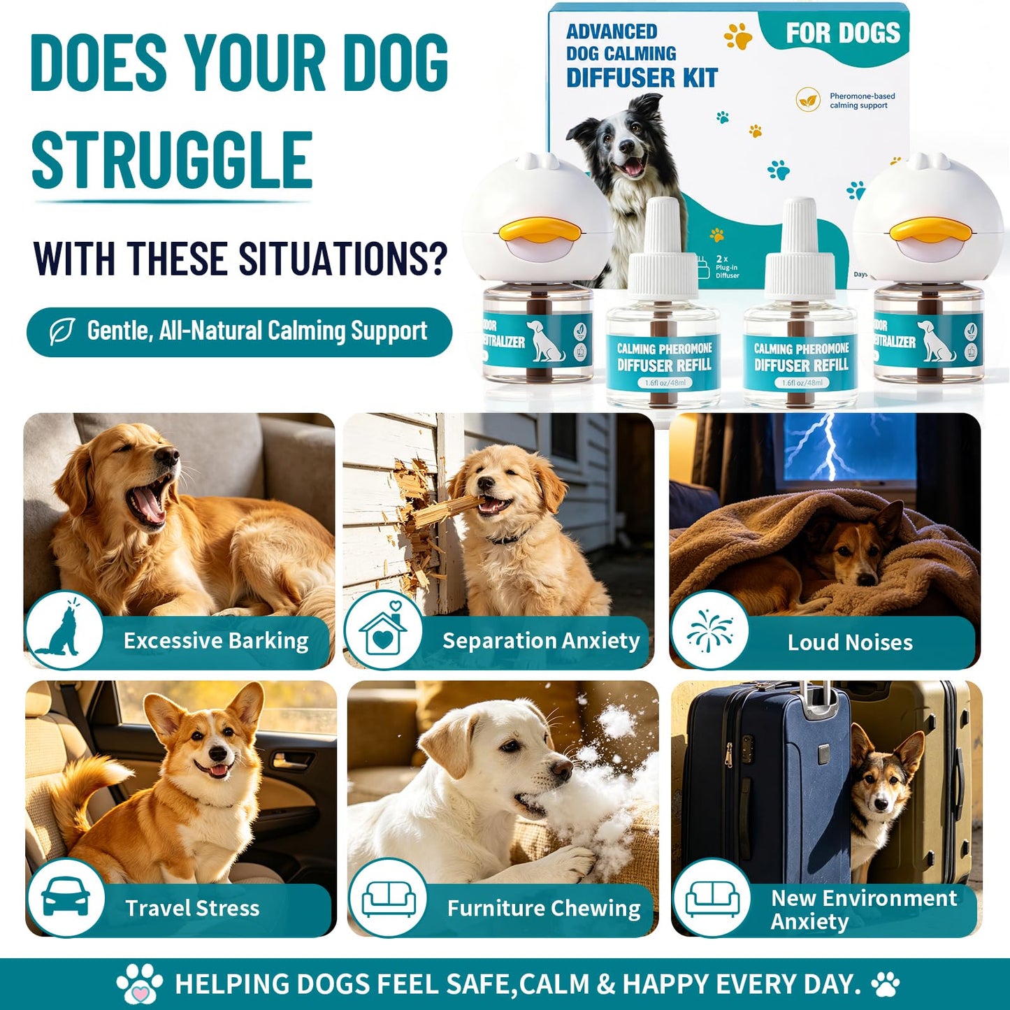 STUHAND Dog Calming Diffuser, Calming Pheromones Diffuser Starter Kit for Anxiety Relief Reduce Barking Aggression Stress with 2 Plug-in + 4 Refill