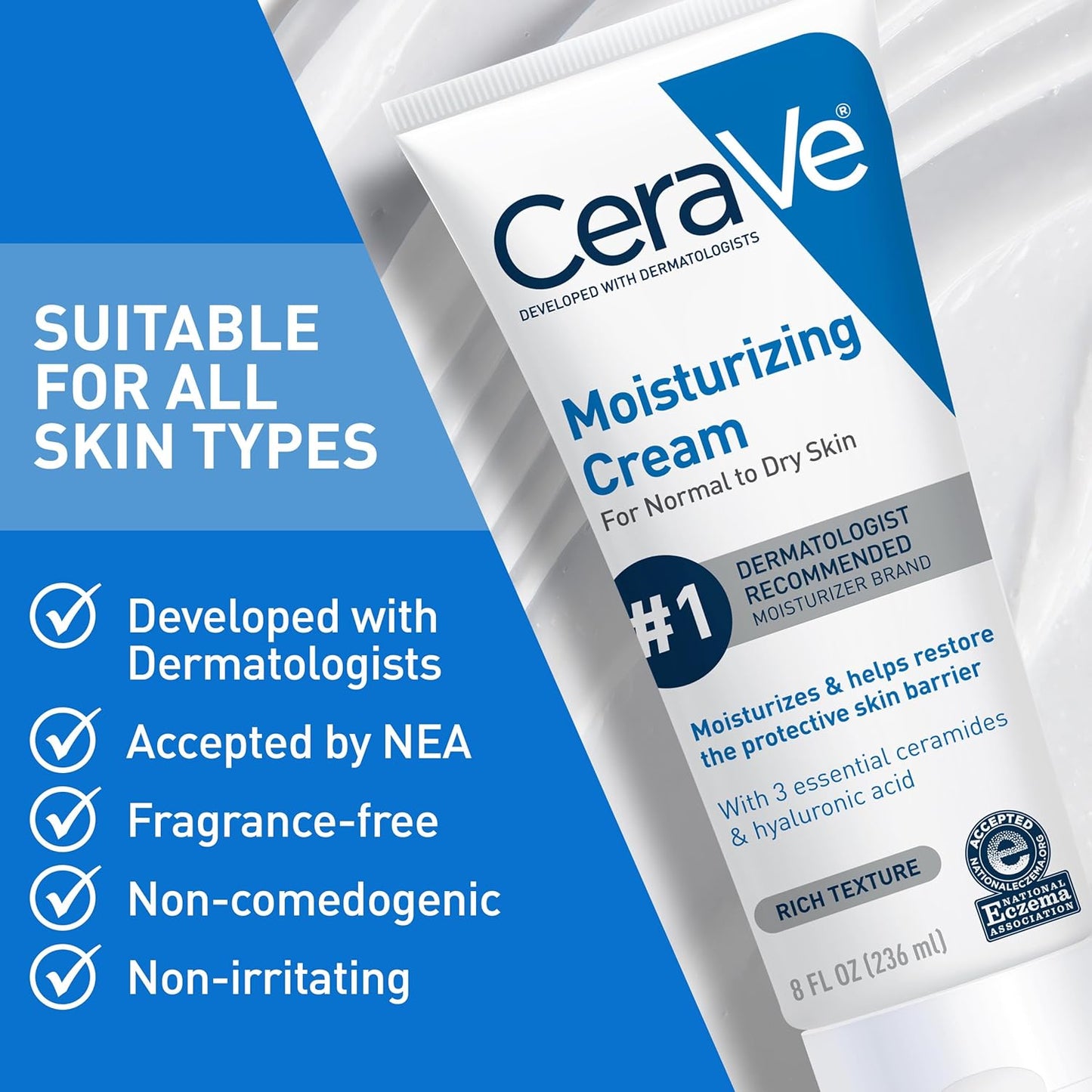CeraVe Moisturizing Cream - Hydrating Body & Face Moisturizer with Hyaluronic Acid | 19 Ounce, Oil-Free, Fragrance-Free